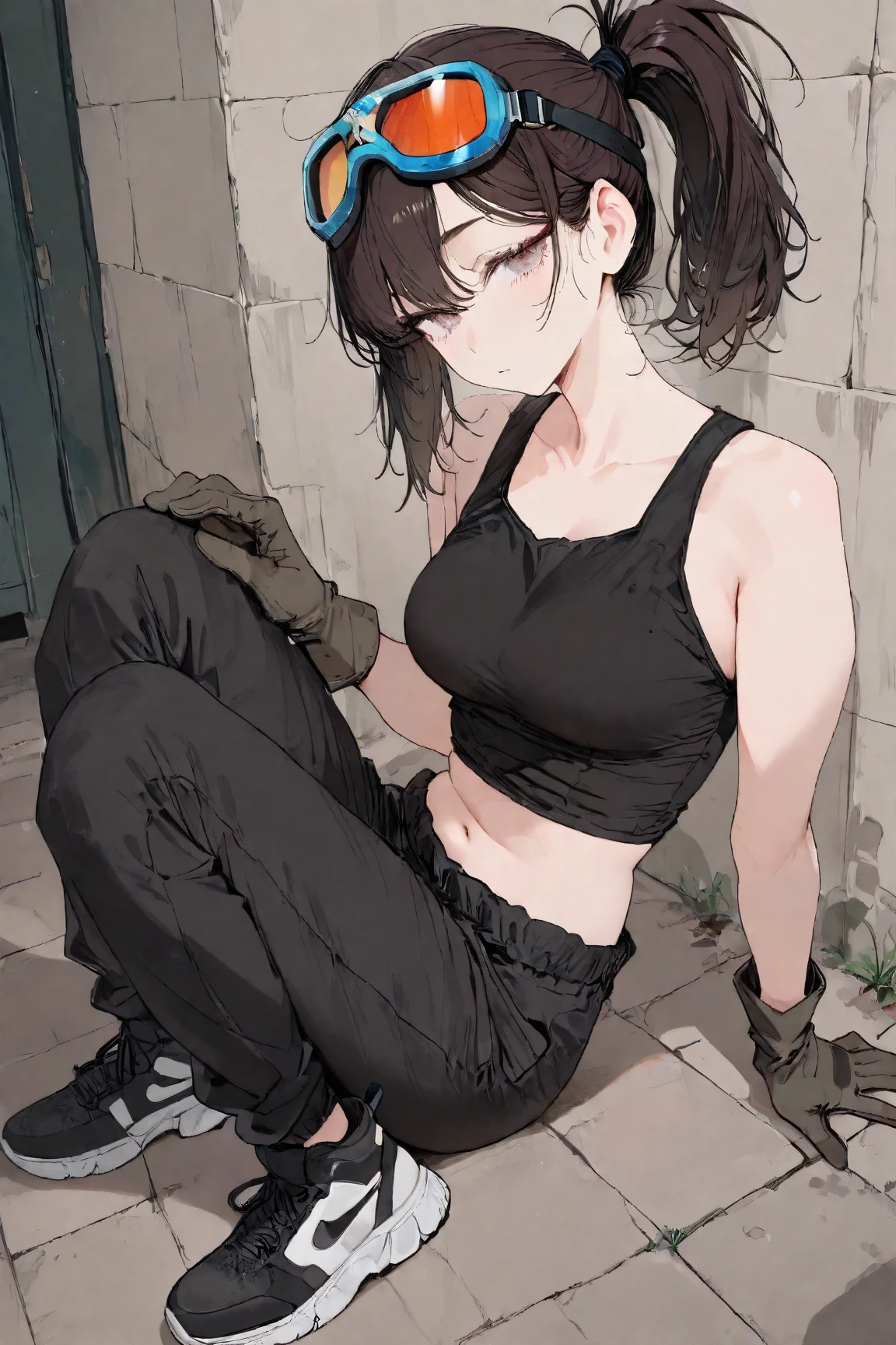 ((1 girl)), ((twin tails)), ((simple_background)), ((concrete floor, concrete wall)), ((dark empty room)), ((bondage)), ((arms behind back)), ((scowl)), ((sitting on the knees)), ((mouth close)), ((mouth gagged)), ((tape gag)), ((Rope bondage)), ((The rope is wrapped around the body multiple times.)), (restrained tightly), ((helpless)), ((calm)), (blue tank top,tank top,tights pants, long black pants, sport shoes)