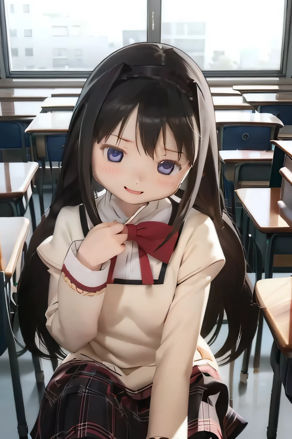 ( High quality wavy lines, beautiful , masterpiece:1.2), ,{X} Perfect Face Pose , (( Homura Akemi's Hairstyle)), shut up, smile, intense , Black Haired Female Magical Girl, , ,, (((((school uniform))))),, , Open Lips ((( )))full body、 feet classroom