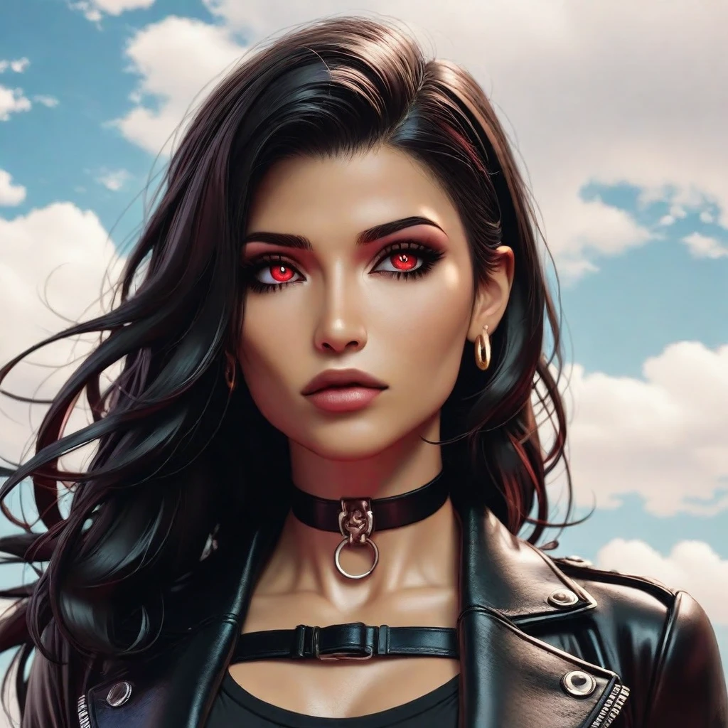 8k portrait of cute female demon with red skin and long black hair. Realista com o fogo iluminando seu rosto e o fundo. She's wearing a black leather jacket, um top de tubo com shorts pretos e botas de cano alto com meias de rede de peixe.