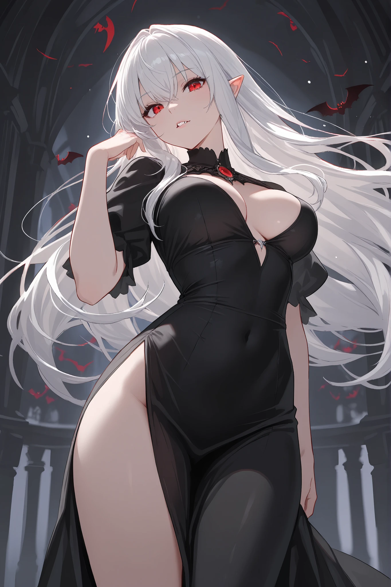 female, silver long hair with black highlights, red eyes, vampire, (((1girl))), (((red gothic dress with black accents))), (black corset), (black fingerless opera gloves), (black stockings), (red heels), cute and sexy, large breasts, large butt, full body, long legs, smiling