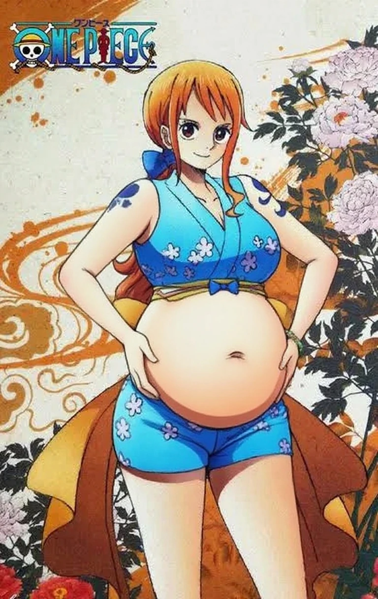 score_9, score_8_up, score_7_up, source_anime, best quality, clear face, 1girl, nami, NAAmi, orange hair, blue eyes, large breasts, lace robe, maternity robe, shorts, cleavage, smile, looking at viewer, sky, standing, pregnant belly, huge belly, belly expossed, pircing