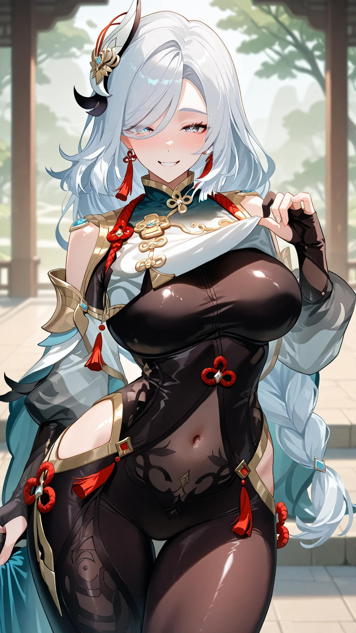 score_9,score_8_up,score_7_up,1girl, solo,blue eyes, white hair, braided ponytail,vision_\(genshin_impact\), tassel earrings, absurdres, highres, (Black body Tights suit),breast curtain, chinese knot, clothing cutout, puffy long sleeves,(White_hem),partially fingerless gloves, Shenhe_\(genshin_impact\),Standing on the floor(Grab own Breasts),(In Chinese Classic Garden),Trees,Outdoors,(Torogao,Seductive smile,Naughty face), Shiny Skin,Big Hip,(Cowboy shot),((look at the viewer))