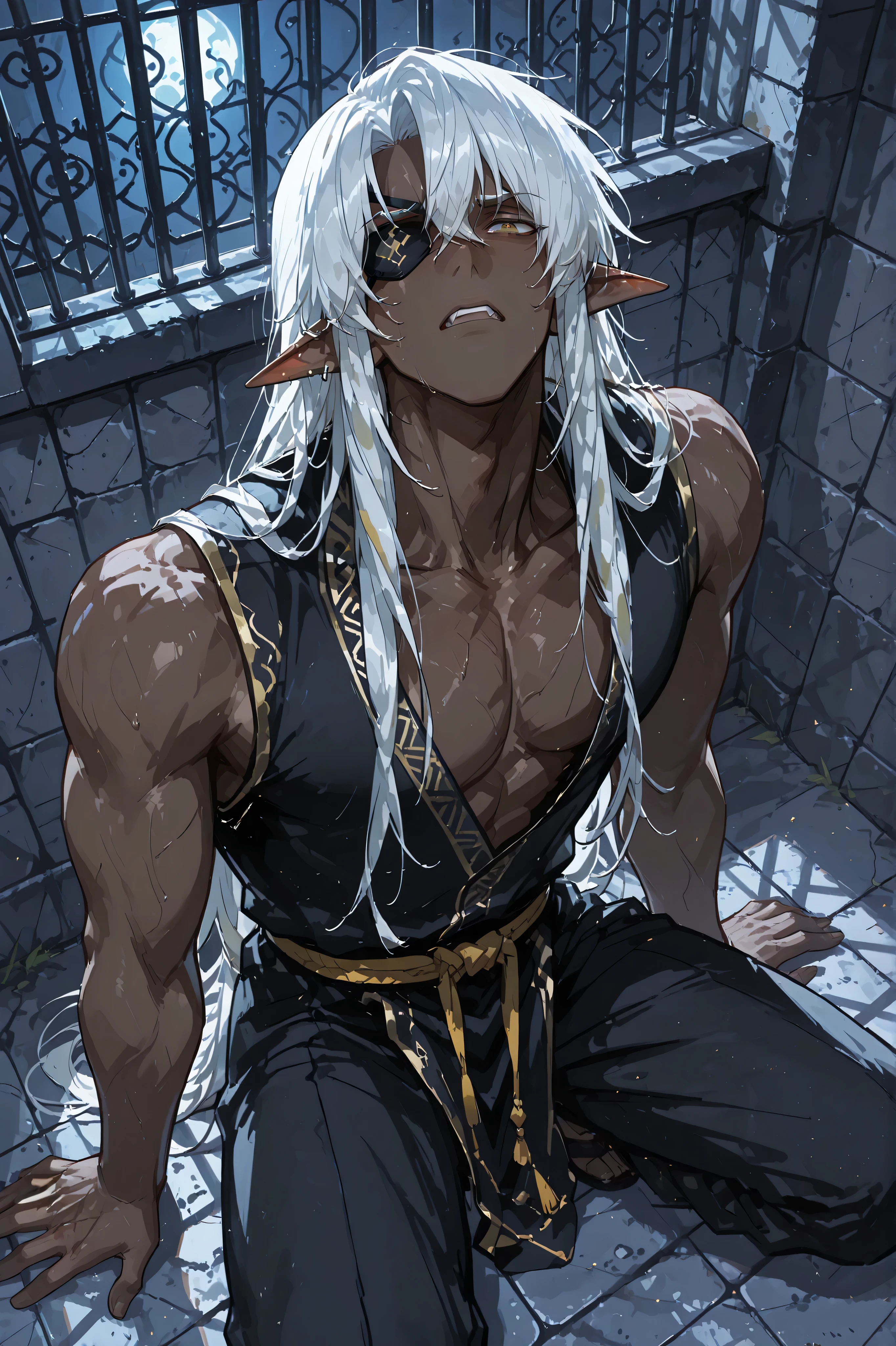 handsome dark elf male, about 28 years old, silver straight long hair flowing past shoulders, black eyepatch covering the right eye, slender yet muscular build, slightly Chinese-style sleeveless outfit, crawling on the ground inside a prison cell, gripping the floor with one hand, looking up directly at the viewer with a frustrated and alluring expression, teeth clenched in anger and frustration, eyes filled with determination and resentment, moonlight shining through the bars illuminating his face and body, visible stone walls and iron bars, bust-up focus but angled from above so he is looking upward, high quality, masterpiece, ultra-detailed, sharp details, beautiful masculine face with subtle mature charm, elegant yet strong presence, not overly bulky, not too dark, fantasy style, 2D anime illustration, not realistic