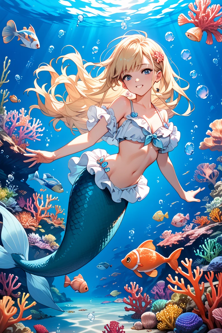 (kinako_(shiratama_mochi) style, mermaid, ((topless)), nsfw, masterpiece, underwater, coral reefs, schooling fish, 1 girl, erect nipples, intricately detailed, navel, bare shoulders, blonde hair, pearl necklace, fin hair ornaments, under sea, extremely detailed, bare breasts, puffy nipples, blue eyes, bare stomach, soaked, medium breasts, arm strap, swimming, teen, soft eyes, open mouth, long hair, forehead, side swept hair