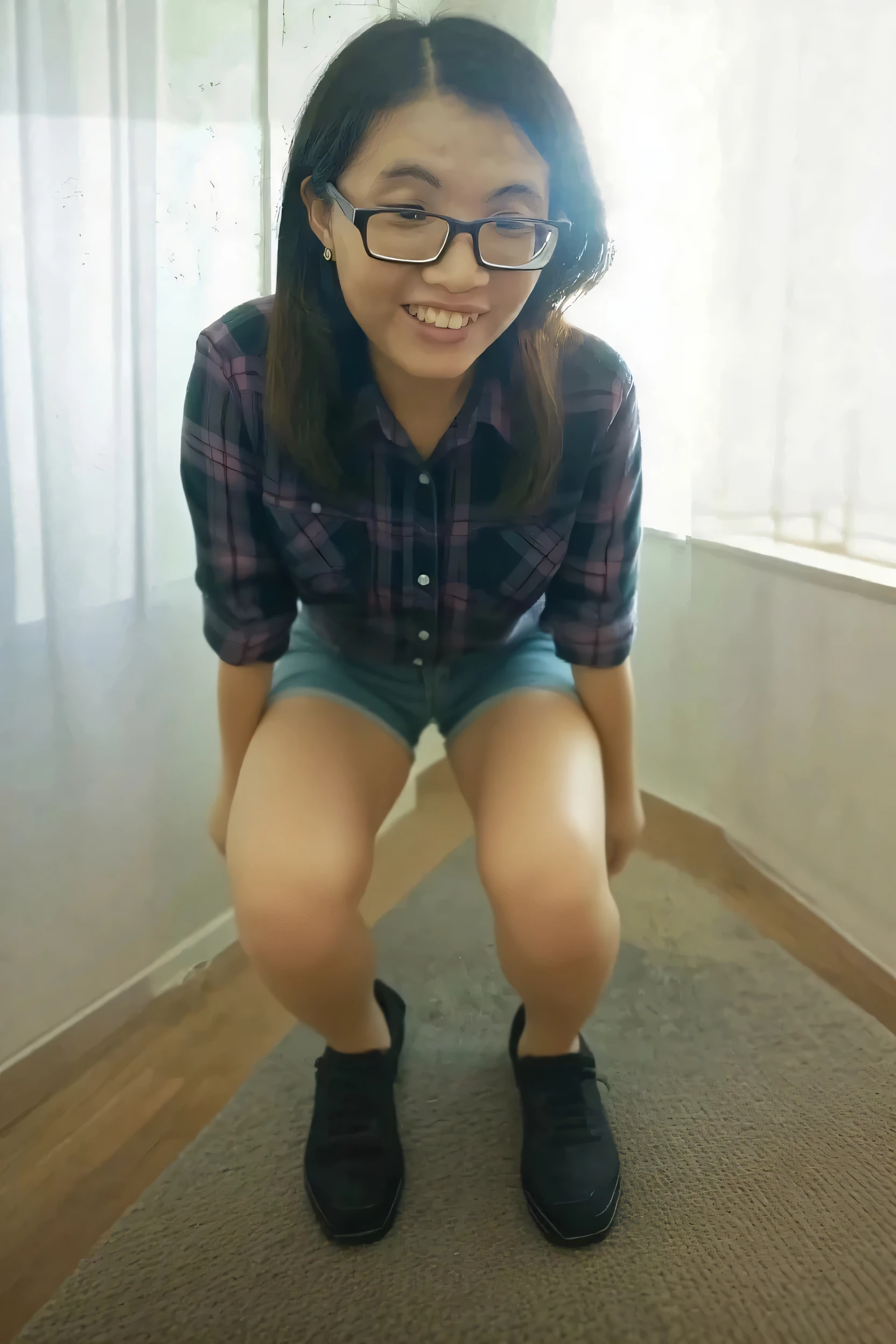 Little girl on top，Looking down，from below，Flat sandals，Sit in a high chair，did not wear panties，Crotch view，Mocking expressions，Smiling，Lightweight slip dress，Eating ice cream