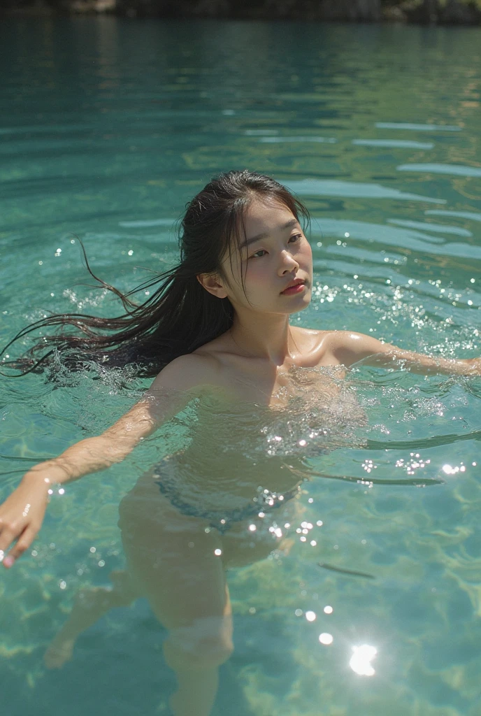 Two middle school students、girl、Portrait of a cute little teenage girl at 14 years old、Métis girls at 10 years old、Full body from head to toe、(((naked)))、「It depicts the beautiful beauty of swimming in a water crystal clear。She moved freely in the water.、Swim gracefully while feeling the power of the water。tanned skin, lesbians