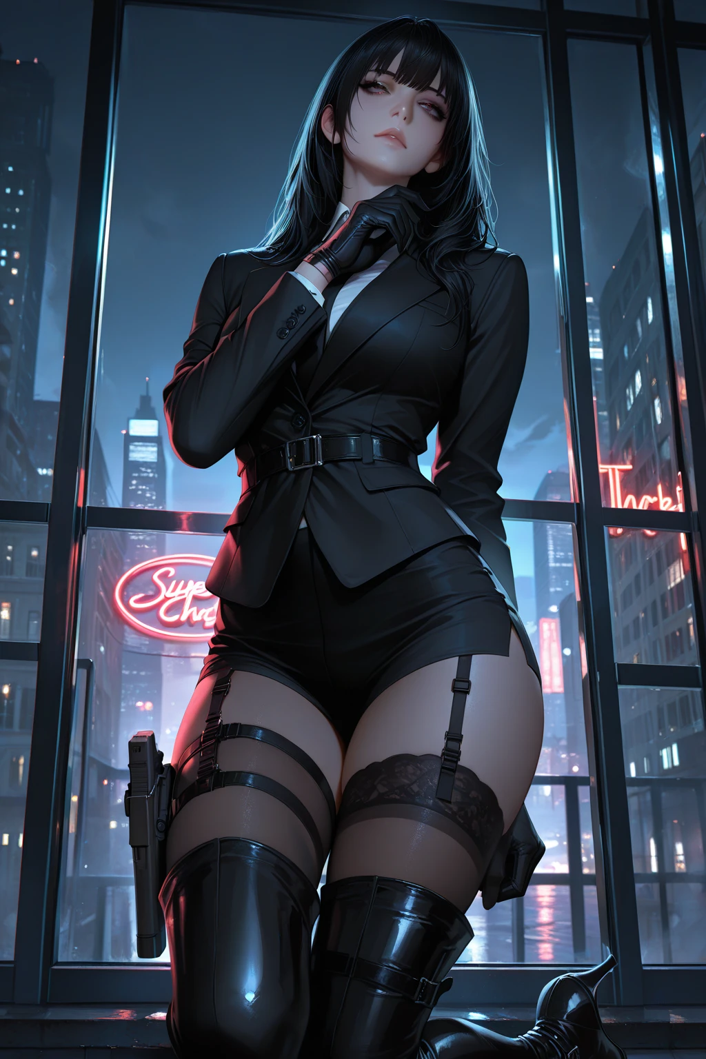 masterpiece, top quality, high resolution,
Full-body shot, platform high heels,
The beauty woman in a black sexy nurse outfit,
Garter belts, black lingerie, stockings,
Crossed legs, black mask,
Erotic, sexy, enticing,
(Photographed from below with a focus on her full figure),
Intriguing set, extremely high detail,
A detailed face with heavy eyeliner and gloss on lips,
Bare midriff, chicks hips, and a thin waistline,
High-quality leather briefcase on her lap,
Her posture suggestive and alluring,
Smooth skin and a perfect makeup, (((fullbody)))