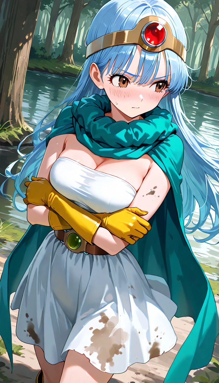 (Very detailed,Highest quality,4K,8K,16K,High resolution,masterpiece:1.2),(Perfect hands,Perfect Legs),(Realistic,photoRealistic,photo-Realistic:1.37),One Woman, Sage, Red eyes, Blue Hair, Long Hair, Ahoge, Circlet, White Dress, gloves, Blue Cape, Yellow footwear Beautifully detailed sweat glands,Smooth skin texture,Carefully drawn,
Lively expressions,(Big Breasts),Sticky with sweat,Use magic,In a dynamic pose,
Dragon Quest,Outdoor,forest