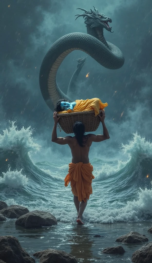A fair skinned Indian man holding a basket above hishead, protecting a sleeping baby inside.The man should have long hair and beadorned with simple jewelry and atraditional cloth draped over hisshoulder. The setting is a stormy night,with dark clouds in the sky, rain pouringdown, and the man standing in waist-deep water. Behind him, a massiveserpent with a multi-headed hood loomsprotectively. The lighting should bedramatic, with a mystical glowemanating from the baby, highlightingthe baby's peaceful expression andcasting gentle reflections on the water.The overall mood is one of divineprotection and cum amidst chaos."