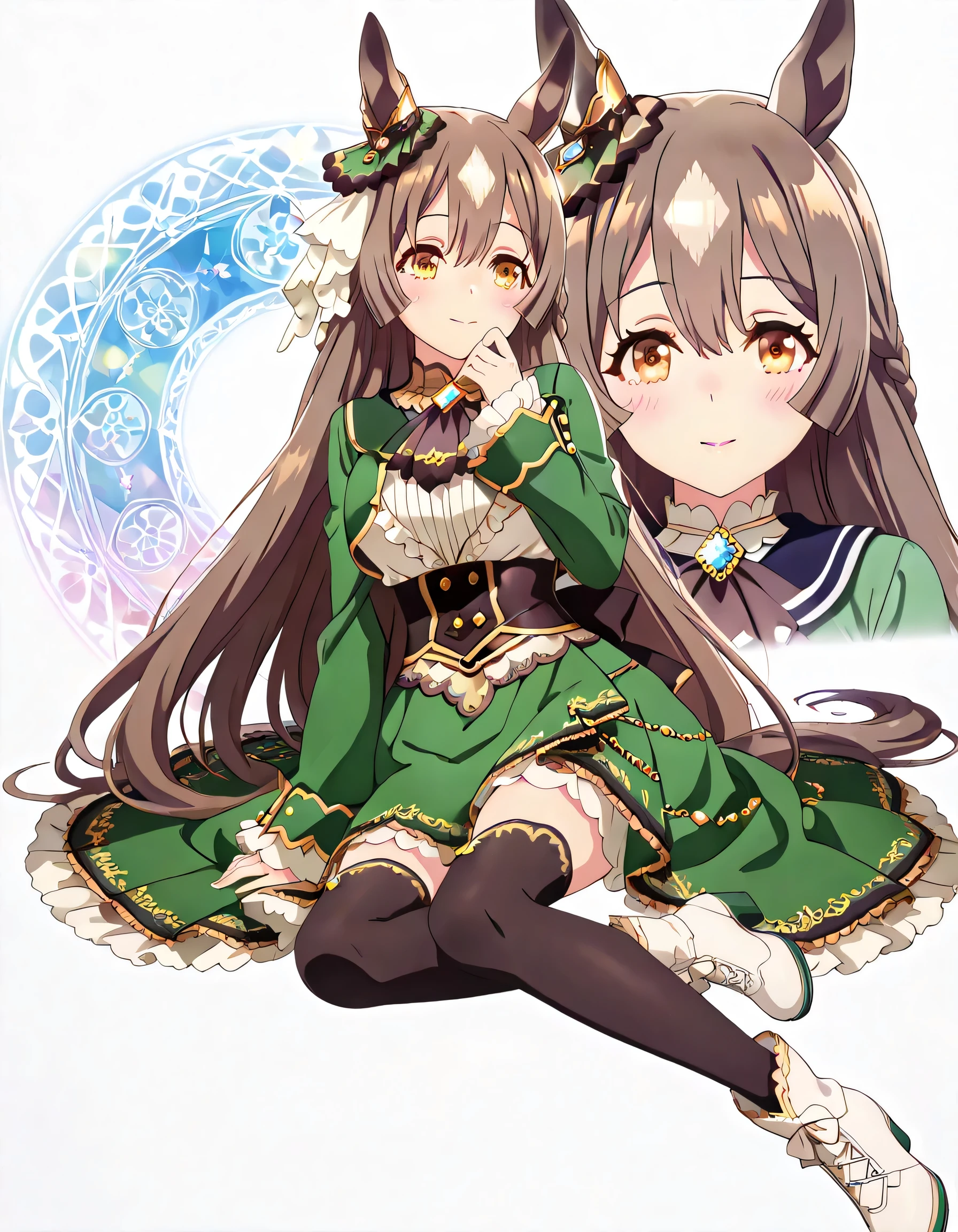 ((ultra-detailed)), (highly detailed CG illustration), (best quality:1.2), ultra-highly detailed, colorful composition, artistic photoshoot, 1girl, solo focus, upper body:1.3, moe anime character,round face, rounded chin:1.2, short stature, styoung, brown hair:1.3, satono diamond \(umamusume\), horse girl, ear ornament, long hair, brown hair, half updo,(very long hair),hair between eyes, braid,bangs, brown eyes, ear ornament, horse ears, half updo, sleeves past wrists, brown ascot, underbust corset, white frilled long sleeves,horse tail, white frilled shirt, chichibukuro:1.3, lace-trimmed high-low skirt green dress, brown thighhighs, white ankle boots, blue brooch, low back brown ribbon, ample breasts, full body view, intricate design, graceful posture, poised expression, delicate curls, soft shading, harmonious color palette, ethereal ambiance, sitting, pink lips, gentle smile:1.2, blush:1.2, from side, dynamic pose, contrapposto pose,kawaii background, best quality, masterpiece, portrait, depth of field, soft lighting, sidelighting, shine, lighting, caustics, ray tracing, perfect face, lustrous skin, highly detailed face, highly detailed eyes, perfect face, perfect nose, perfect hair, perfect eyes, perfect , beautiful hair, beautiful small face, extremely detailed face, beautiful detailed eyes, beautiful clavicle, beautiful body, beautiful ample breasts, leavage, breasts squeezed together, equalize the size of the left and right breasts, beautiful thin thighs, beautiful legs, beautiful fingers, 4 fingers, 1 thumb, lovely, (very detailed background:1.0), (highly detailed background:1.0), kawaii aesthetic, intricate details, girly atmosphere, pastel colors palette, chromatic aberration