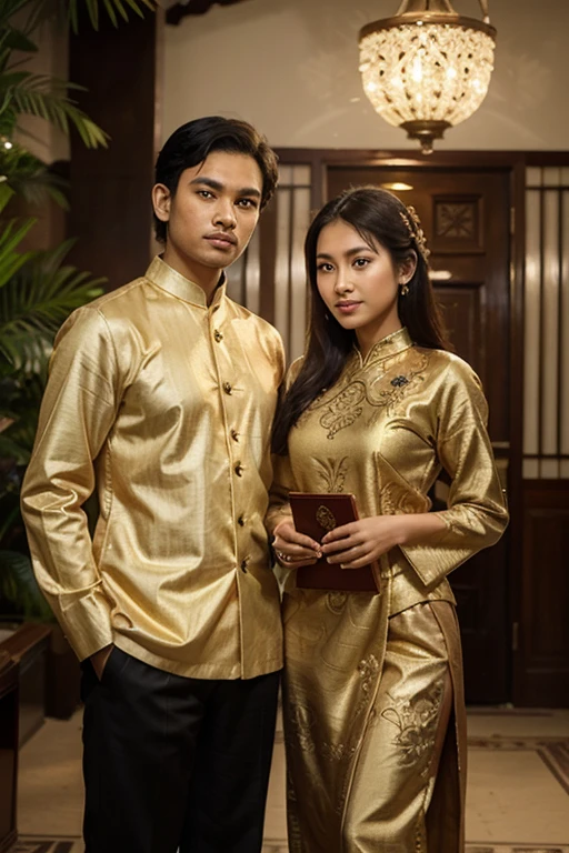 Create an image of an elegantly dressed Indonesian couple sitting together in a formal setting. The man is wearing a yellow traditional suit with intricate embroidery and a yellow tie. He sits confidently with his hands clasped on his lap, looking straight ahead with a gentle smile. The woman stands behind him, her hands gently resting on his shoulders, wearing a matching yellow traditional dress with delicate lace details. Both are looking at the camera with a calm and compo