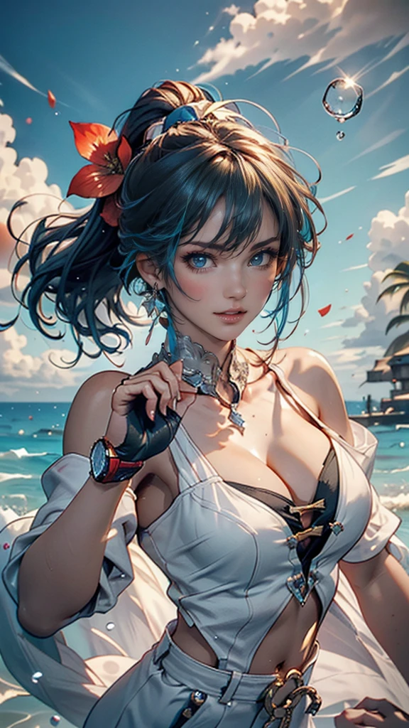 masterpiece, Highest quality, Highest quality, watercolor (Moderate), Official Art, beautifully、aesthetic: 1.2), (1 girl: 1.3), (Fractal Art: 1.3), morning, Good morning, smile, sunny day, Hilarious, Viewer, pattern, Wave, (Rainbow Hair, colorful Hair: 1.2), null, gas, cloud, colorful, Soap bubble