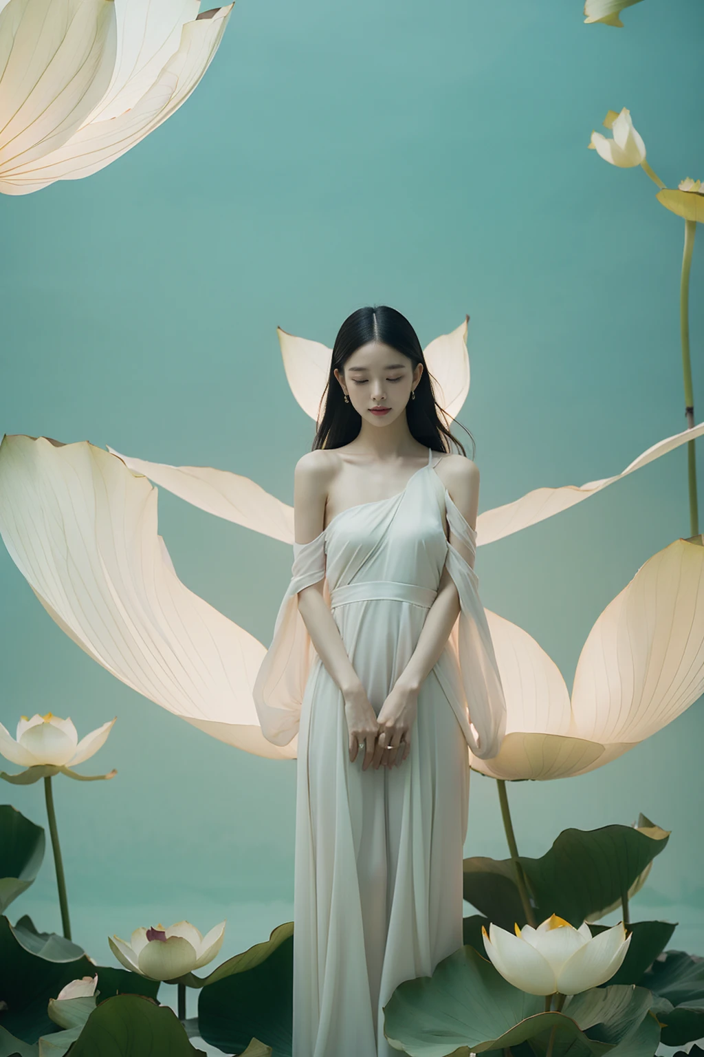 light pink and light white shades,Full body female love,  White background, natural lighting, Light effect, minimalist, elegant, pure tenderness, soft light lighting, realistically. a woman is (clavicle, bshoulder,) placed in a (pray and stand) super giant lotus，The petals are big and long (The petals are thin, soft gauze, Full background of flowing petals, floating petals, super flying petals, Mixed effect of smoke and petals), lotus dress,((perspective)).lotus_leaf_fairy