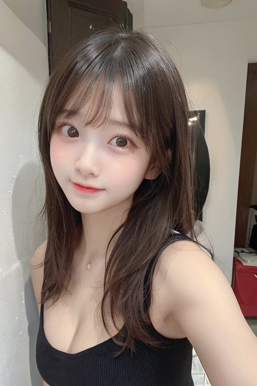 table top, highest quality, shape, Super detailed, finely, High resolution, 8k wallpaper, 完璧なダイナミックな構shape, beautiful and detailed eyes, small breasts, natural color lip, ランダムなsexy pose,smile,20 year old girl、Beautiful and dense face、perfect and beautiful face,Big eyes、real photos(best image quality),cute face、cute、blouse(black)、pleated skirt、Blurred tower apartment living room background、sexy pose