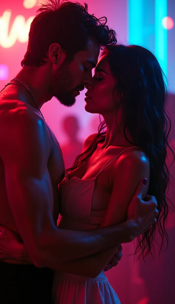A sensual scene showing in close-up a voluptuous and daring Italian woman with long black hair dressed in elegant black lace, posing sensually in a French window, at night with stars. The lace of her dress contrasts with her bare skin. The Italian man in profile, shirtless, whose muscular figure is subtly highlighted by soft, dim red lighting, sensually kisses the woman's neck, creating a striking visual play. The intimate atmosphere is bathed in warm, dim red light, which casts deep shadows that enhance the contours of their bodies and the seductive tension of the moment.