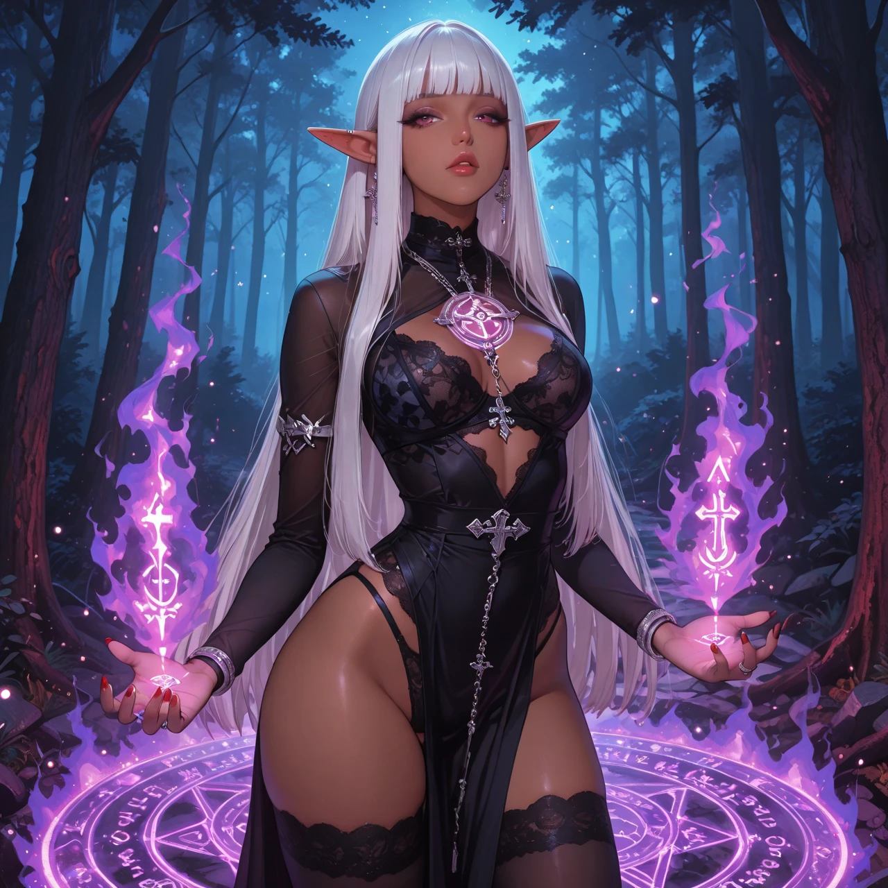 ultra detailed digital art, trending on artstation, octane render, clean, a photo of a beautiful woman, leaning against a wall, seductress, <lora:GlowingRunesAIv4-000005:0.8>, a glowingrunes_purple woman, power stance, intricate, luminescent, beautiful detailed eyes, black eyes, white hair, topknot, intricate background, in a magical forest,