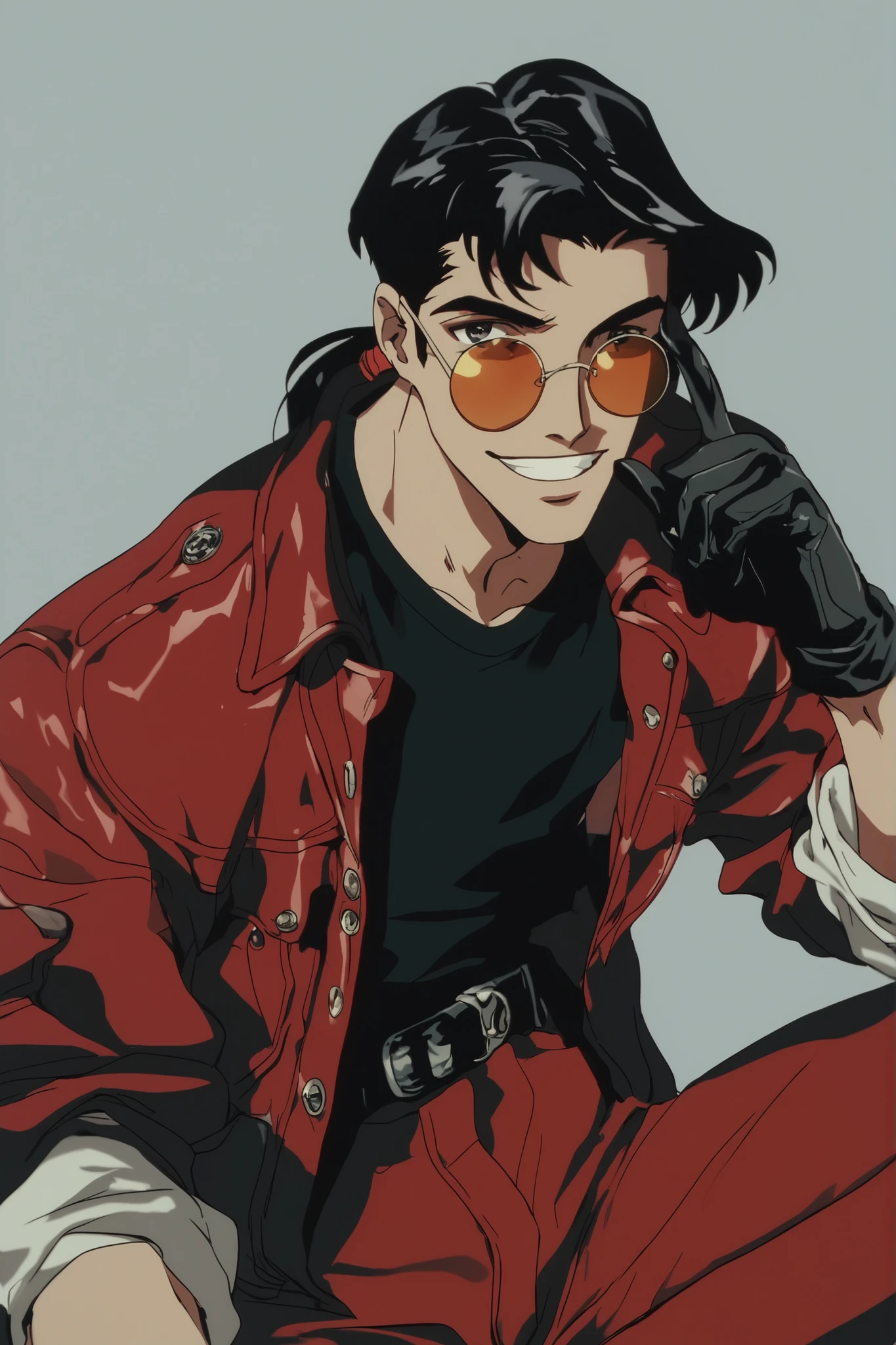 Young male pyromaniac (24 years old). Spanish appearance . has thin facial features, black hair in a ponytail. thin and elongated. Wears a classic red jacket, classic red pants and an untucked black shirt with an open collar. . The accessories include black, round-lens sunglasses, and he also has black, leather gloves. He raises his index finger and a small light burns at his tip.