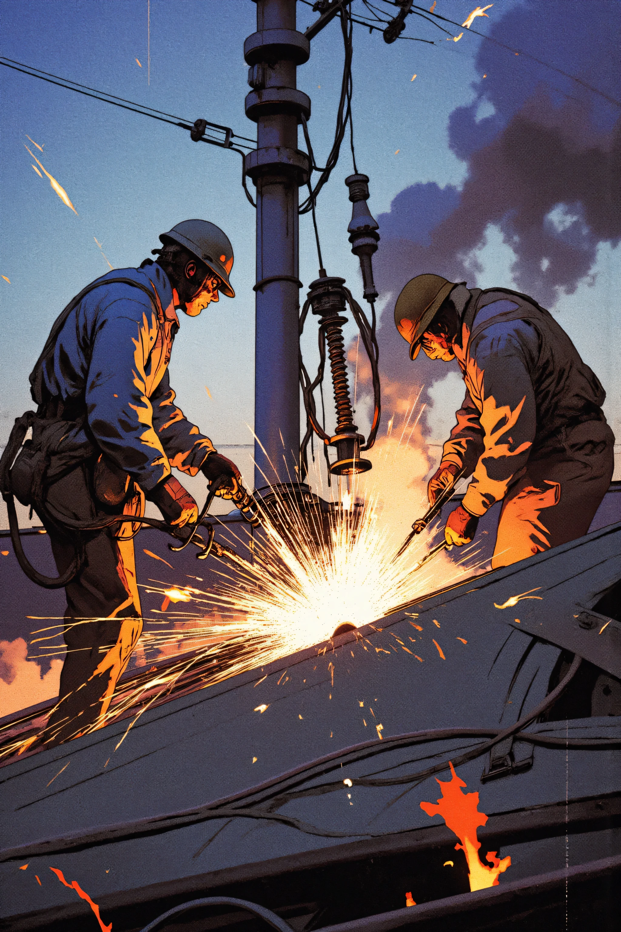 On a concrete roof,Workers are installing a high-voltage protective grid,workers are splashing electric welding flames