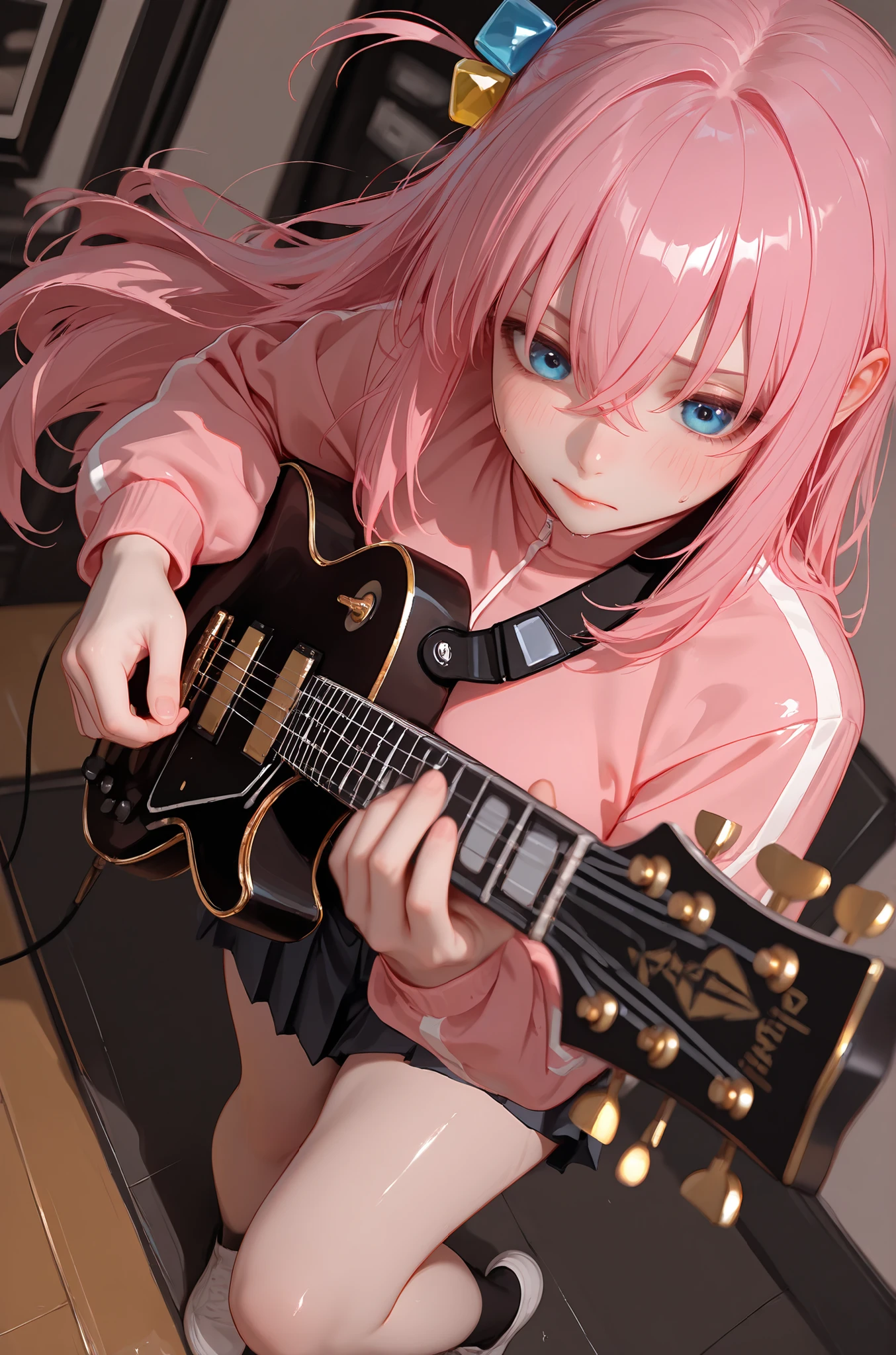 masterpiece,best quality,amazing quality,very aesthetic,absurdres,highres,newest,HDR,8K,high detail,subtle,high contrast,real background,smooth shading,glossy surfaces,colorful depth,
1girl,solo,gotoh hitori\(bocchi the rock!\),pink hair,jacket,long hair,one side up,track jacket,skirt,Serious performance,guitar playing,(guitar pic:1.4),sweat,enthusiasm,diagonal angle,high angle,dak depth,masterful shading,low kye,dak depth,chiaroscuro,impasto,(shallow depth of field:1.4),(foreshortening:1.4),composition looking down on the guitar,