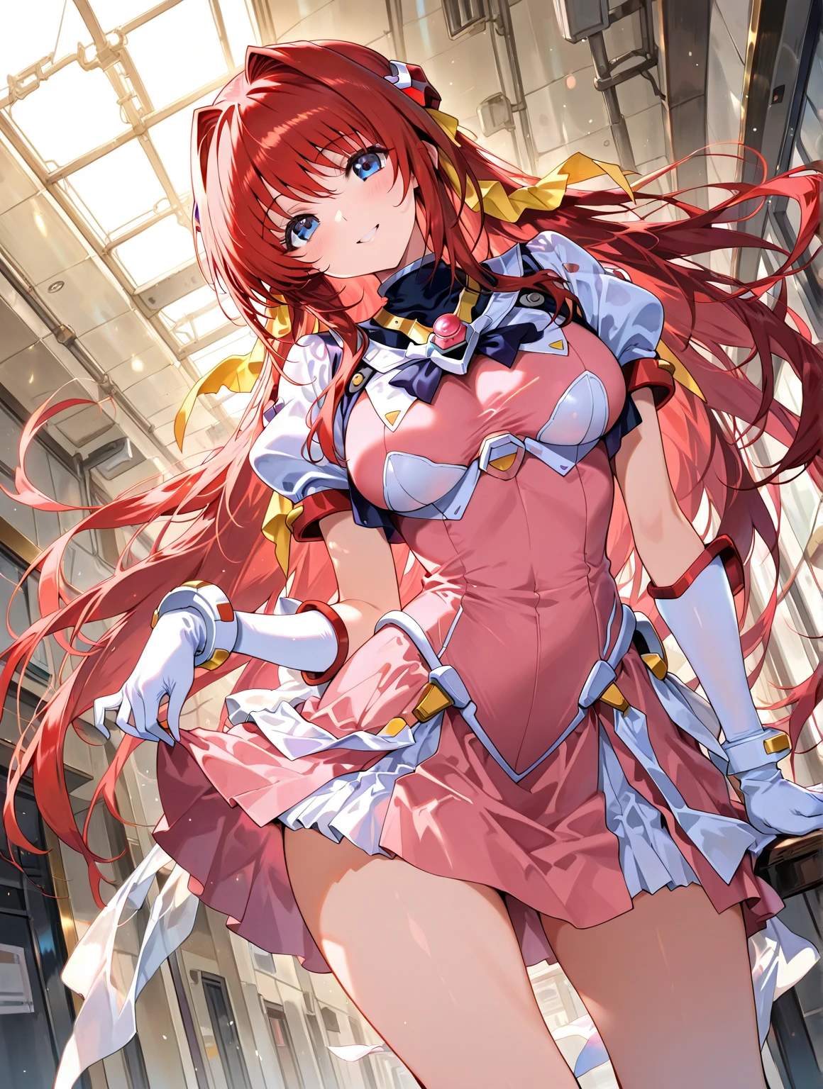 12k,Escalayer,long hair,hair_ornament,Red eyes,Pink Dress,White long gloves,thigh_boots, Embarrassing ,blush,,,White panties,,masterpiece,Noise Reduction,Perfect Anatomy,High resolution, Very detailed,Game CG,Dutch Angle ,Beautiful attention to detail,Visual Arts,Five Fingers, Perfect hands, Perfect lighting,,Red eyes,(銀hair:1.4),Wicked Smile,(Inside a futuristic base:1.1)