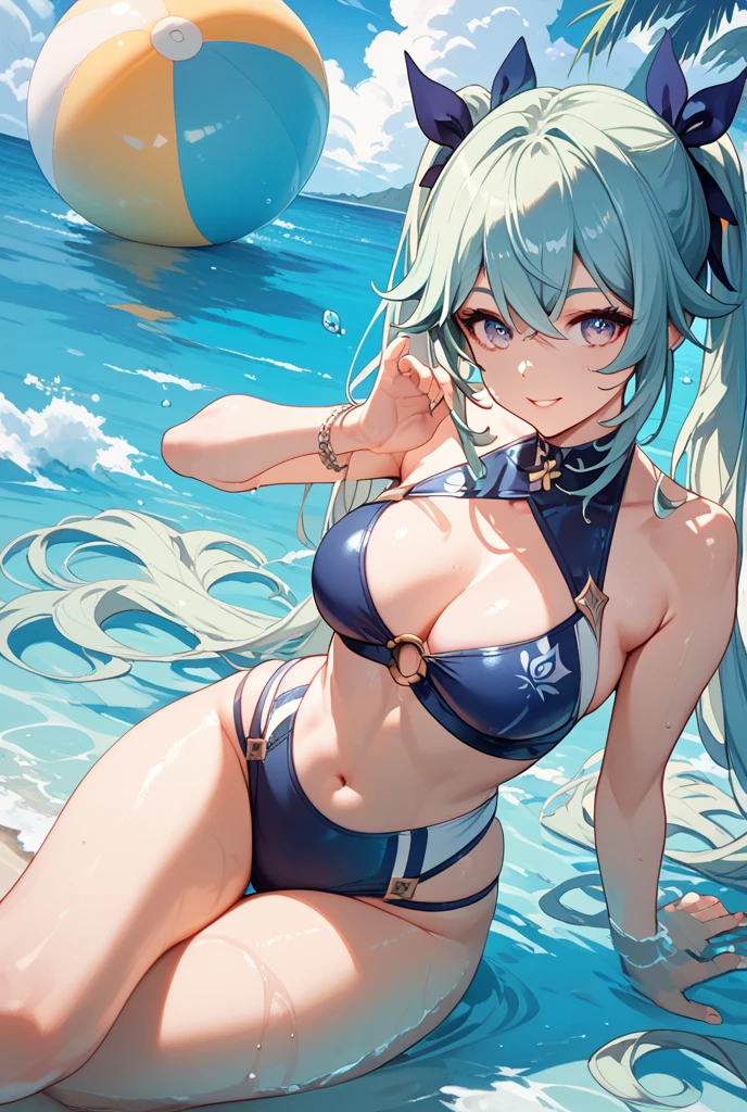 (masterpiece), (best quality), (ultra detailed),(disheveled hair),(illustration), (1girl), (Fashionable clothing), standing, Fashion model, looking at viewer, (interview), (simple background),beautiful detailed eyes, delicate beautiful face, Floating,(high saturation),(colorful splashes),colorful bubble,(shining), focus on face, ponytail, kamisato ayaka, light blue hair, bangs, hair ring, floating flowers, floating hairs, (shining), best lighting, best shadow,masterpiece, top quality, best quality, swimsuit party, in the water,fish,watermelon,cute style, perfect structure, summer theme
