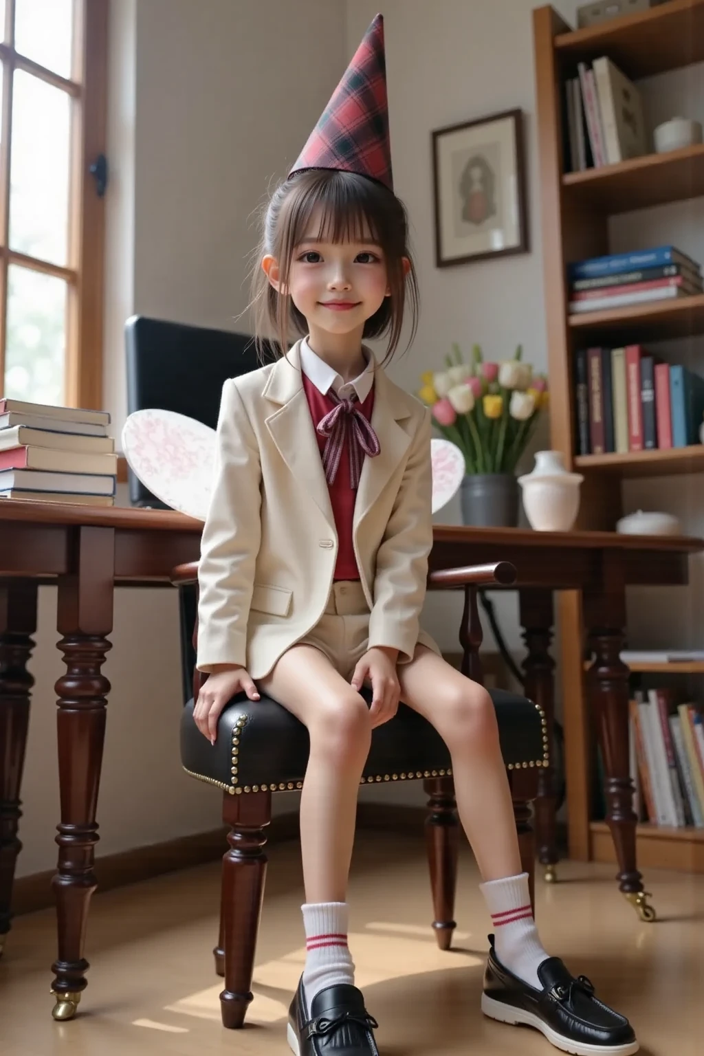 (masterpiece, highest quality:1.4), Award-winning portraits, 8k, 85mm, alone, Beautiful Face, Delicate girl, , (Dark navy blazer jacket, Put your arms behind your back, Close your face:1.2), Dark Navy Skirt, Long sleeve, Sophisticated, cute, Teen, Looking at the audience, 15 years old, RAW Photos, Confused, High resolution, Sharp focus, Background blur、(((Flat  、thin and delicate body、Childish atmosphere)))、shiny semi-long hair、ponytail、Mole on the left cheek、 Dark blue eyes、Random Pause、the skirt is swaying in the wind、Hair swaying in the wind