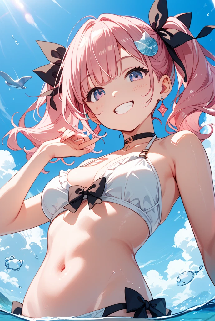 (8k、Highest quality、Highest quality、masterpiece)、Detailed face、One person、 Pink Hair、Plump body,Swimwear,bikini,Look down on me、Open your mouth,From below,Wicked Smile、((grin:1.3))、