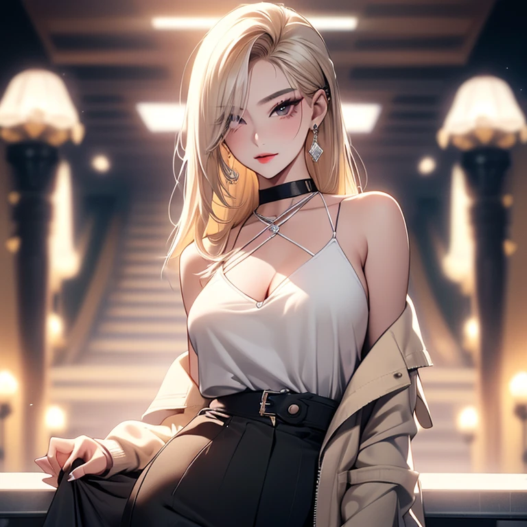 1 beautiful woman, long blonde hair, fair skin, charming look, blue eyes, perfect red lips, elegant black blouse, exposed belly, black elegant skirt, sitting pose, elegant restaurant background, (big breasts), perfect woman