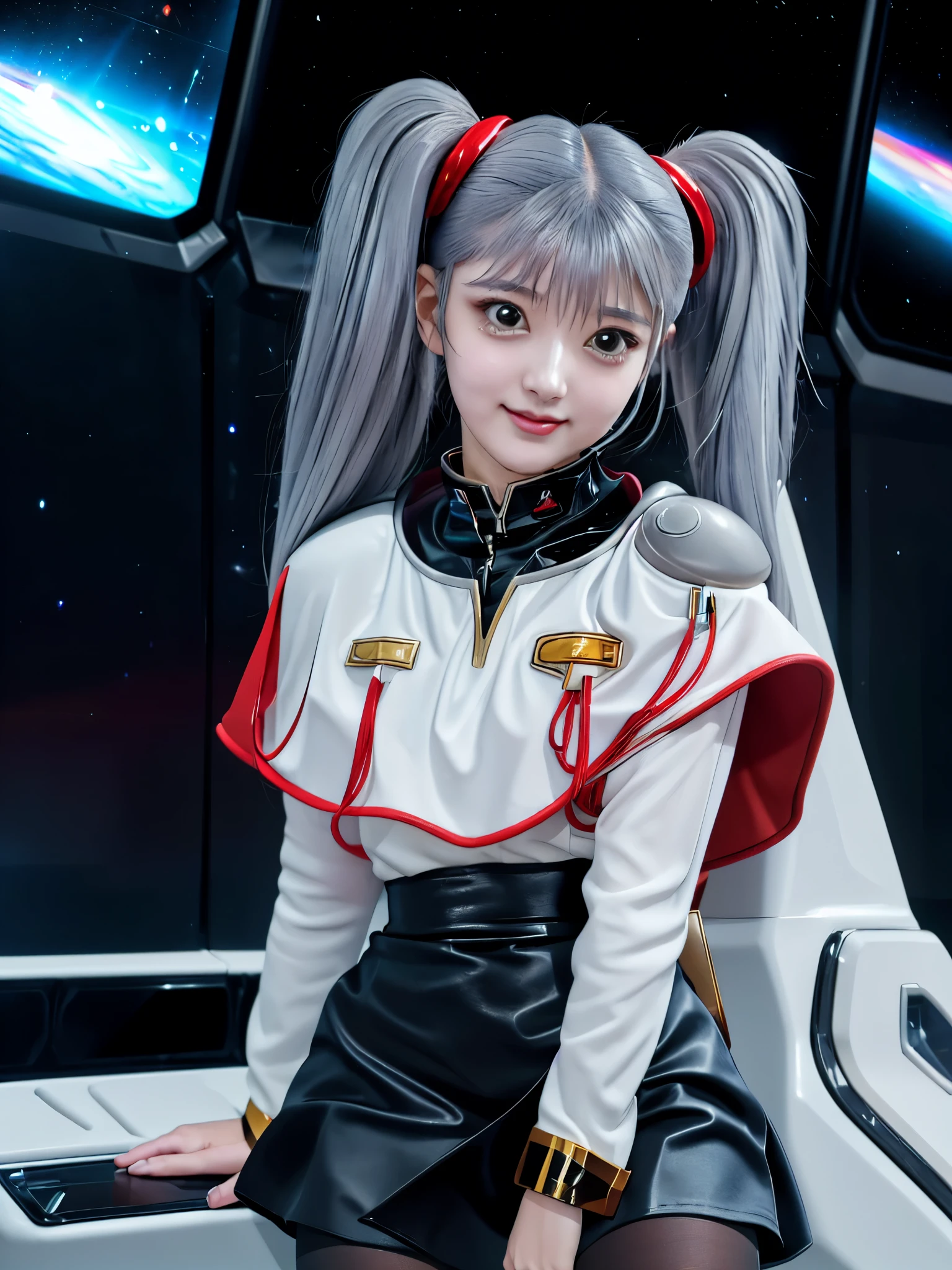 1girl, solo, 18 years old, beautiful girl, Japanese girl, (smile, Looking at camera), 
(from below:1.2), upper body, (Swayback stance, spread legs:1.3, Seductive pose, sexy pose), dynamic angle,
BREAK
bbruri, {white capelet, long sleeves, white gloves, ((black mini skirt:1.2, light gray pantyhose))},
BREAK
hoshino_ruri_(nadesico),  yellow eyes, (light White Purple hair:1.2, long strand between eyes:1.5, very long twintails), hair ornament, 
BREAK
(((spacecraft, space, indoors, mecha))),
(masterpiece, best quality:1.4), (8k, raw photo, photo realistic:1.2), cinematic lighting, soft lighting, shiny skin, detailed skin, detailed face, detailed eyes, (textured skin, skin pores:1.1),
pale skin, fair skin, photo of perfecteyes eyes, perfecteyes eyes,