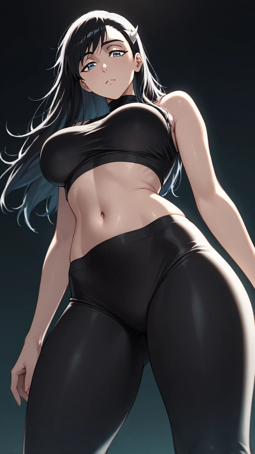 1 girl, muscular, black hair, red eyes, pale skin, solo, shoulder length hair, curvy, very wide hips,  large ass, narrow waist, thick thighs, very huge breasts, black choker, black tank top, black jean booty shorts, sultry, navel piercing, midriff six-pack abs, visible cleavage
