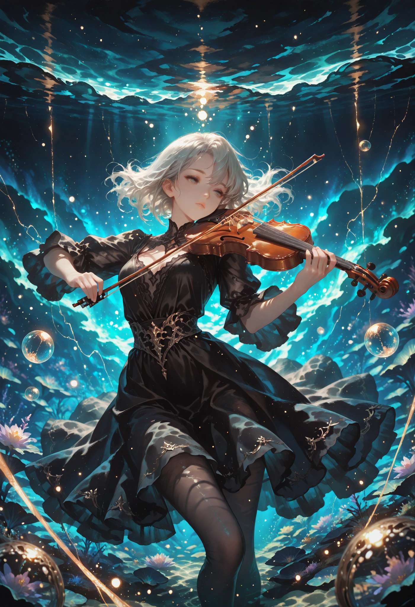 A beautiful anime girl submerged underwater, playing a violin gracefully, long silver hair floating weightlessly, wearing an elegant dark dress, surrounded by glowing bubbles and faint shining particles, mysterious deep sea atmosphere, soft light filtering from the water surface above, fantasy illustration, highly detailed, masterpiece, dark fantasy, ethereal, mystical, moody lighting, golden ornaments, glowing strings of violin, floating glowing particles
