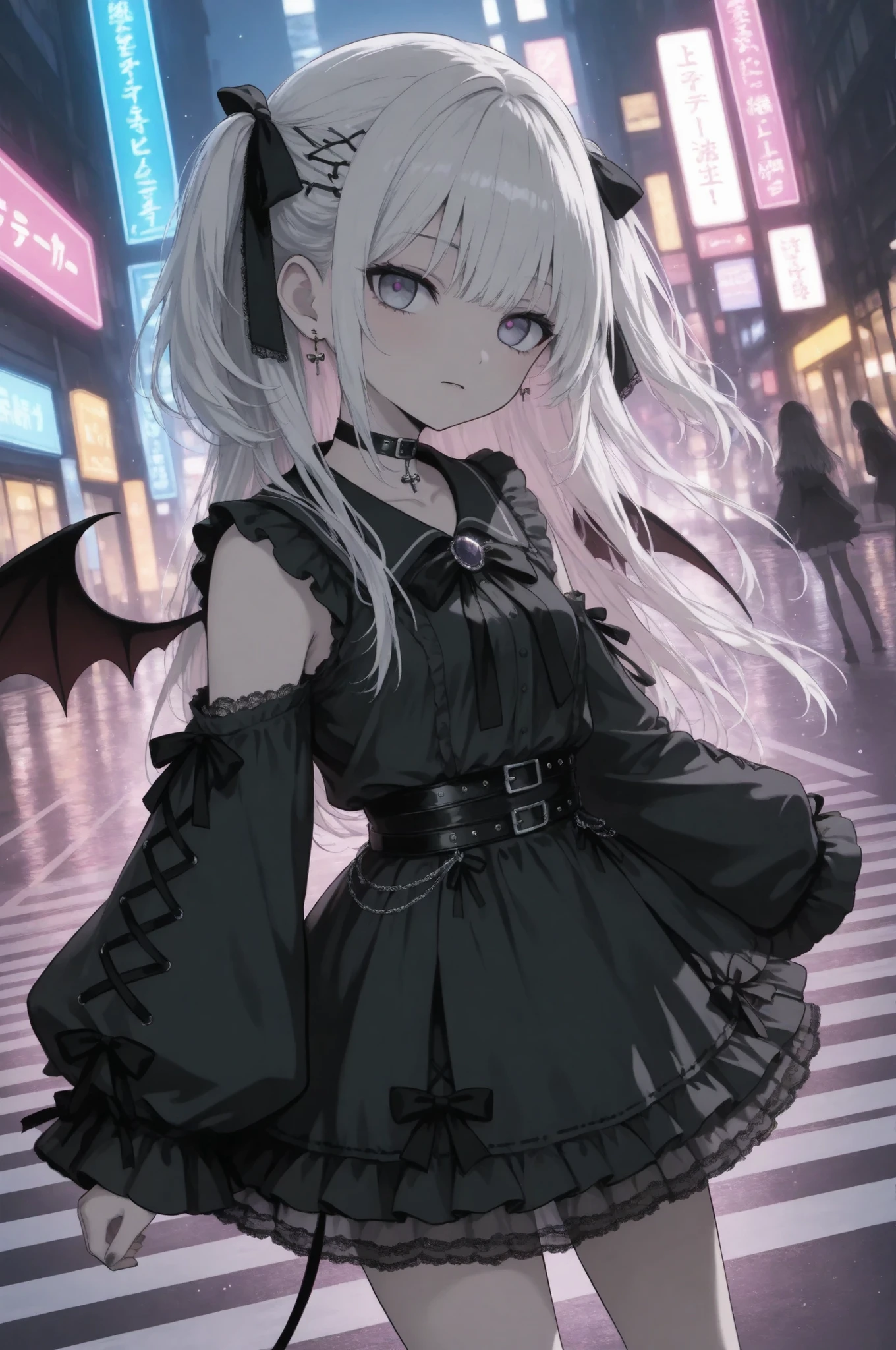 darkgothic,water color,(deformed:1.2),trk,
Anime-style “jirai-kei” young woman at a crosswalk at night; long-exposure neon light trails in the background; shallow depth of field; dramatic lighting with scattered sparkles. Pastel-and-black palette, frilled skirt, oversized sleeves, lace accessories. Clean linework, smooth shading, fine textures. — no text, no logo, no watermark