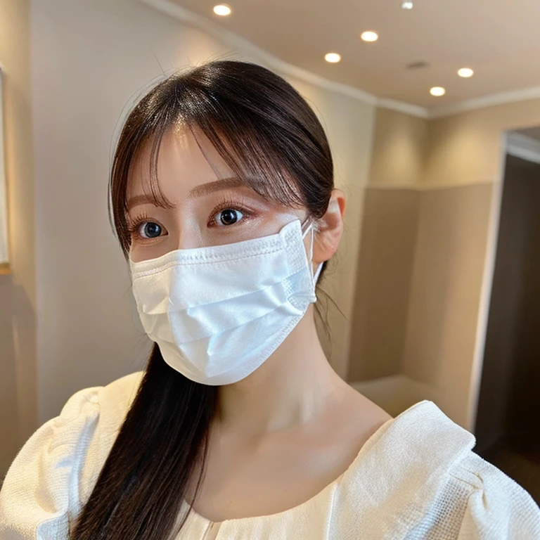 Very fine grain、Summer clothes、白いWearing a mask,Wearing a mask、White Mask、arafed woman wearing a face マスク、(Highest quality、High resolution、masterpiece:1.3)、(The background is a luxury hotel lobby)、Precise expression of details such as face and skin texture、Big eyes、double eyelid