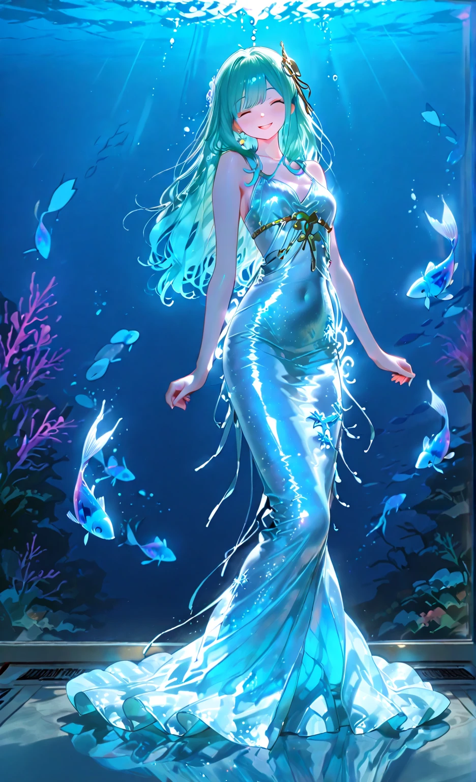 Marine Lifeの概念芸術、Undersea scenery、Marine Life、Beautiful coral reefs come in many forms、3d、fish、Women Animated Fantasy Illustration。Long white hair scattered in the sea、drifting、Very harmonious。The whole picture is、It features a messy and imaginative painting style.。The colors are bright and saturated.、Drawn with smooth lines。The mystery and beauty of the sea、The painting depicts an underwater world full of life and vitality.、Animation Art Wallpaper 8K
