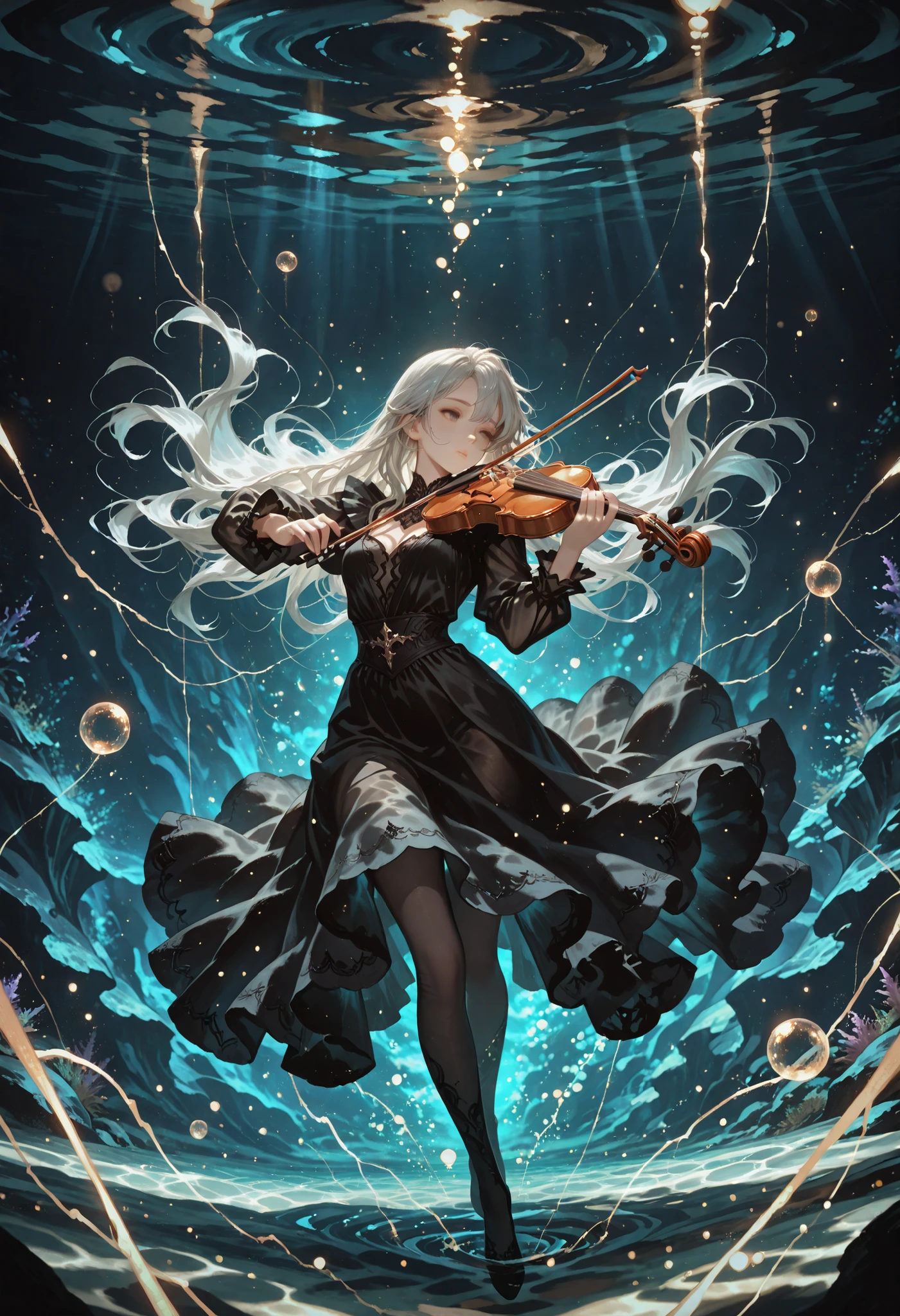 A beautiful anime girl submerged underwater, playing a violin gracefully, long silver hair floating weightlessly, wearing an elegant dark dress, surrounded by glowing bubbles and faint shining particles, mysterious deep sea atmosphere, soft light filtering from the water surface above, fantasy illustration, highly detailed, masterpiece, dark fantasy, ethereal, mystical, moody lighting, golden ornaments, glowing strings of violin, floating glowing particles
