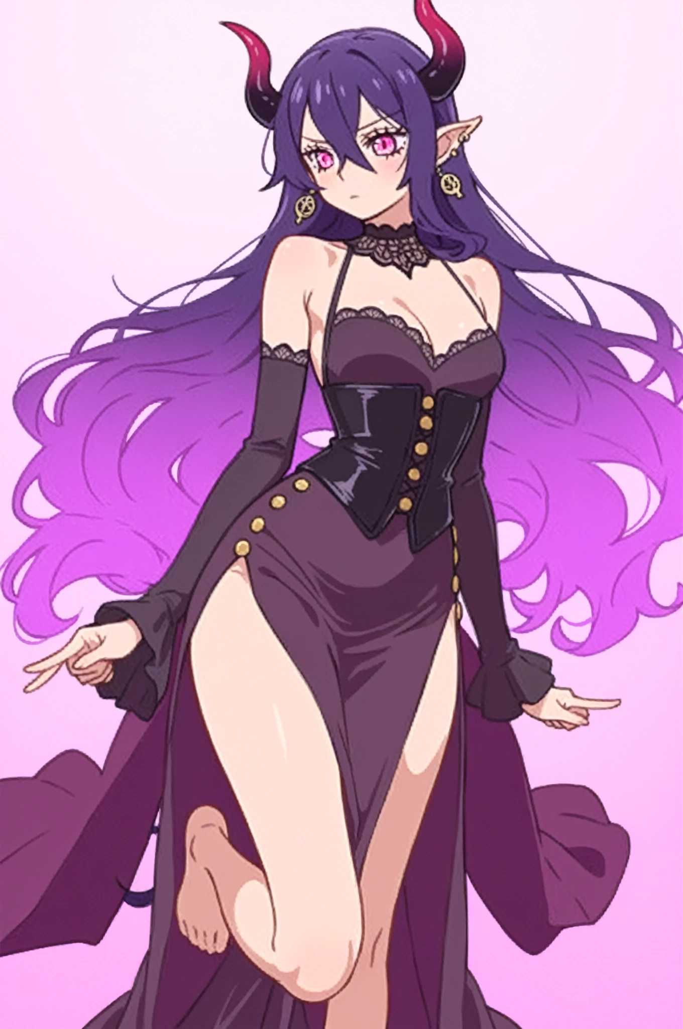 make me a female, 21 years old, purple long curly hair, pink eyes, revealing black and purple outfit, grumpy face
