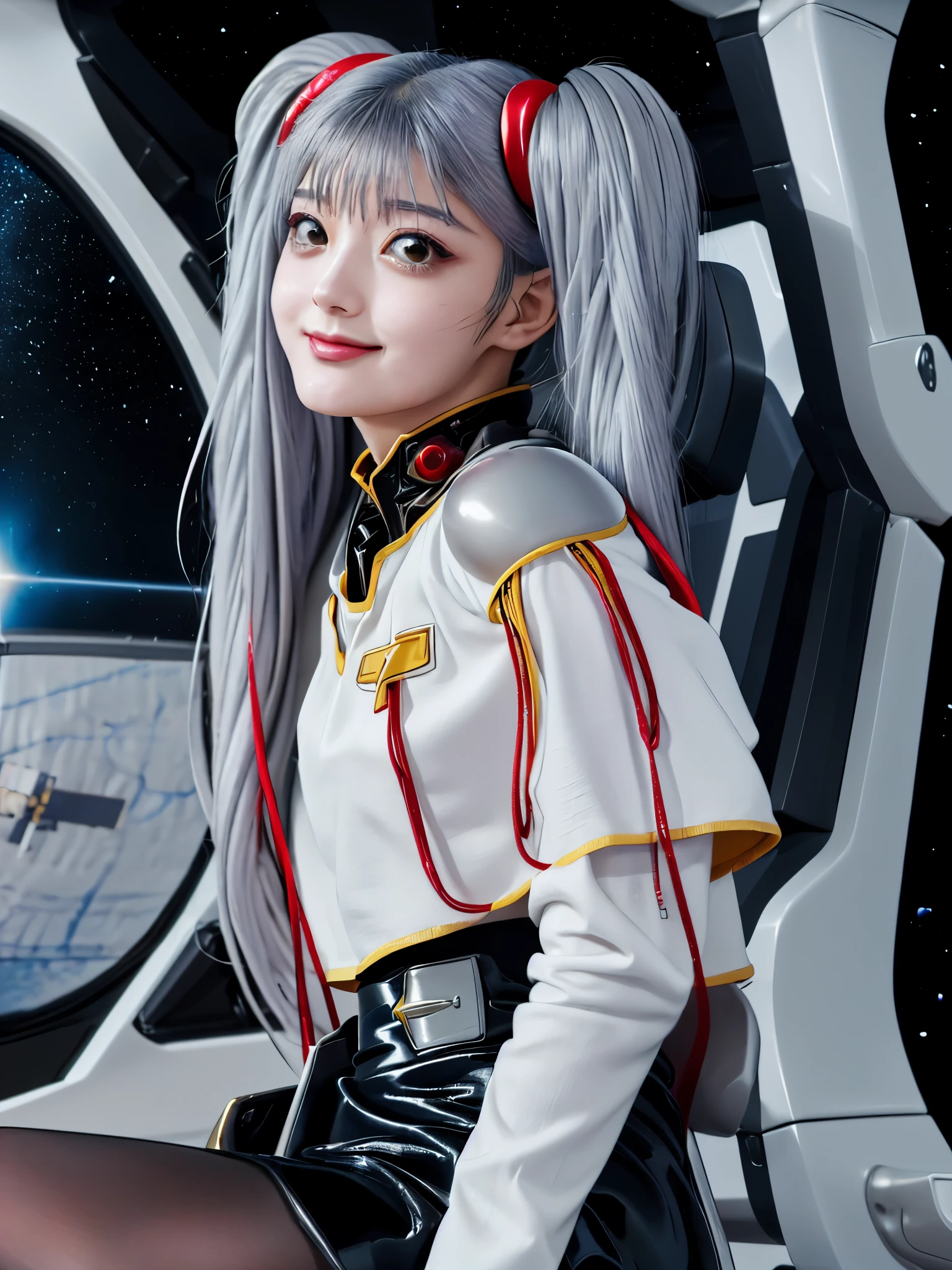 1girl, solo, 18 years old, beautiful girl, Japanese girl, (smile, Looking at camera), 
(from below:1.2,from side), upper body, (Swayback stance, Straddling a chair, Spread legs:1.3, Seductive pose, sexy pose), dynamic angle,
BREAK
bbruri, {white capelet, long sleeves, white gloves, ((black mini skirt:1.2, light gray pantyhose))},
BREAK
hoshino_ruri_(nadesico),  yellow eyes, (light White Purple hair:1.2, long strand between eyes:1.5, very long twintails), hair ornament, 
BREAK
(((spacecraft, space, indoors, mecha))),
(masterpiece, best quality:1.4), (8k, raw photo, photo realistic:1.2), cinematic lighting, soft lighting, shiny skin, detailed skin, detailed face, detailed eyes, (textured skin, skin pores:1.1),
pale skin, fair skin, photo of perfecteyes eyes, perfecteyes eyes,