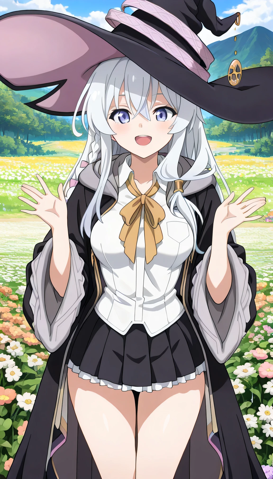 {{{masterpiece}}}, (best quality:1.5), (ultra-detailed:1.5), {illustration}, {{an extremely delicate and beautiful}}, (beautiful detailed eyes:1.6), absurdres, highres, extremely detailed face, 16k, hd, visual anime de uma jovem mulher, extremamente bonito rosto de anime, anime melhor garota, (perfect hands, perfect anatomy), (five fingers:1.1), anime face, elaina (majo no tabitabi), elaina majo no tabitabi, witch, 1girl, solo, cute face, long hair, white hair, ahoge, hair between eyes, sidelocks, pink bow, single braid, ribbon on braid, yellow hair clip, blue eyes, medium breasts, big hips, curvaceous, BREAK, witch hat, black headwear, white shirt, long shirt, (shirt tuck out:1.3), collared shirt, (wizard robe:1.3), (long robe:1.2), black robe, hooded robe, open robe, long sleeves, wide sleeves, yellow ribbon tie, brooch, black skirt, pleated skirt, (mini skirt:1.5), (white petticoat:1.2), bare legs, black footwear, witch shoes, BREAK, smiling, looking at viewer, open mouth, flushed cheeks, flash effect, outdoor, mountain, daytime, forest, flower garden, field, sunshine, peer in from below