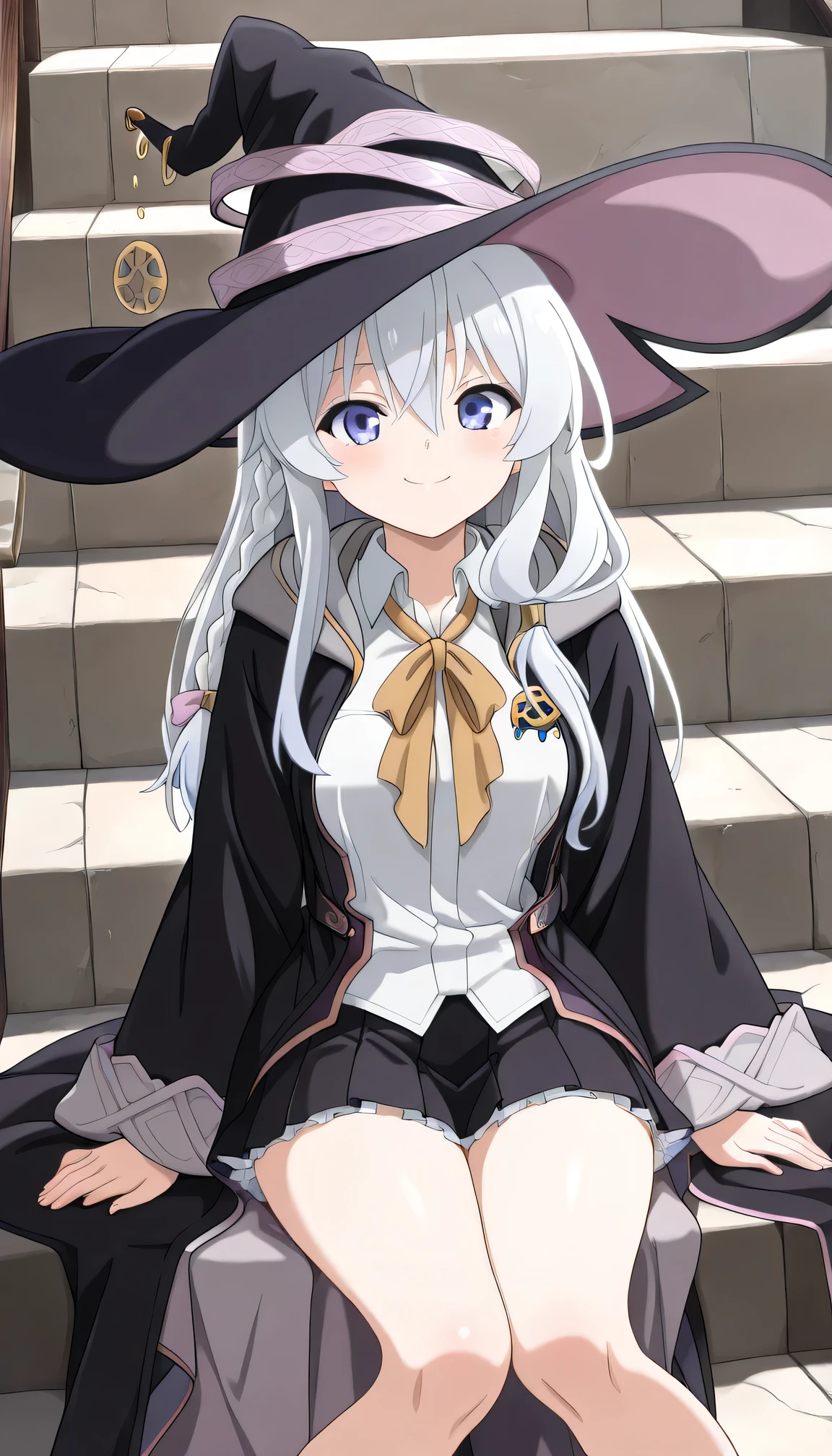 {{{masterpiece}}}, (best quality:1.5), (ultra-detailed:1.5), {illustration}, {{an extremely delicate and beautiful}}, (beautiful detailed eyes:1.6), absurdres, highres, extremely detailed face, 16k, hd, visual anime de uma jovem mulher, extremamente bonito rosto de anime, anime melhor garota, (perfect hands, perfect anatomy), (five fingers:1.1), anime face, elaina (majo no tabitabi), elaina majo no tabitabi, witch, 1girl, solo, cute face, long hair, white hair, ahoge, hair between eyes, sidelocks, pink bow, single braid, ribbon on braid, yellow hair clip, blue eyes, medium breasts, big hips, curvaceous, BREAK, witch hat, black headwear, white shirt, long shirt, (shirt tuck out:1.3), collared shirt, (wizard robe:1.3), (long robe:1.2), black robe, hooded robe, open robe, long sleeves, wide sleeves, yellow ribbon tie, brooch, black skirt, pleated skirt, (mini skirt:1.5), (white petticoat:1.2), bare legs, black footwear, witch shoes, BREAK, ( Sit on the stairs:1.2), face focus, Looks happy, upturned eyes, flushed cheeks, looking at viewer, covering chest by one hand, knees together feet apart, sit