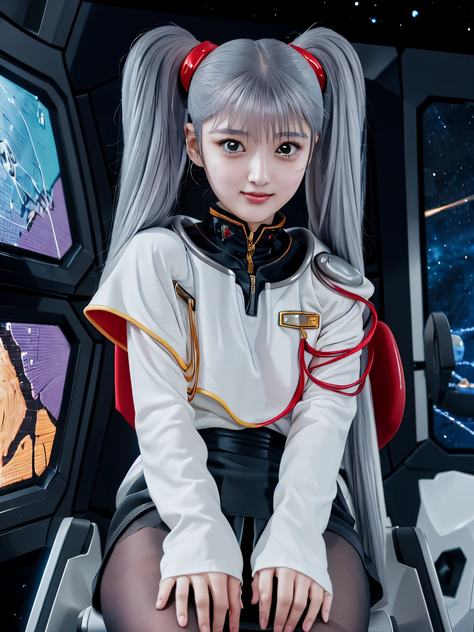 1girl, solo, 18 years old, beautiful girl, Japanese girl, (smile, Looking at camera),
(from below:1.2),from side , upper body, (Straddling a chair, Spread legs:1.3, Seductive pose, sexy pose), dynamic angle,
BREAK
bbruri, {white capelet, long sleeves, white gloves, ((black mini skirt:1.2, light gray pantyhose))},
BREAK
hoshino_ruri_(nadesico), yellow eyes, (light White Purple hair:1.2, long strand between eyes:1.5, very long twintails), hair ornament,
BREAK
(((spacecraft, space, indoors, mecha))),
(masterpiece, best quality:1.4), (8k, raw photo, photo realistic:1.2), cinematic lighting, soft lighting, shiny skin, detailed skin, detailed face, detailed eyes, (textured skin, skin pores:1.1),
pale skin, fair skin, photo of perfecteyes eyes, perfecteyes eyes,
