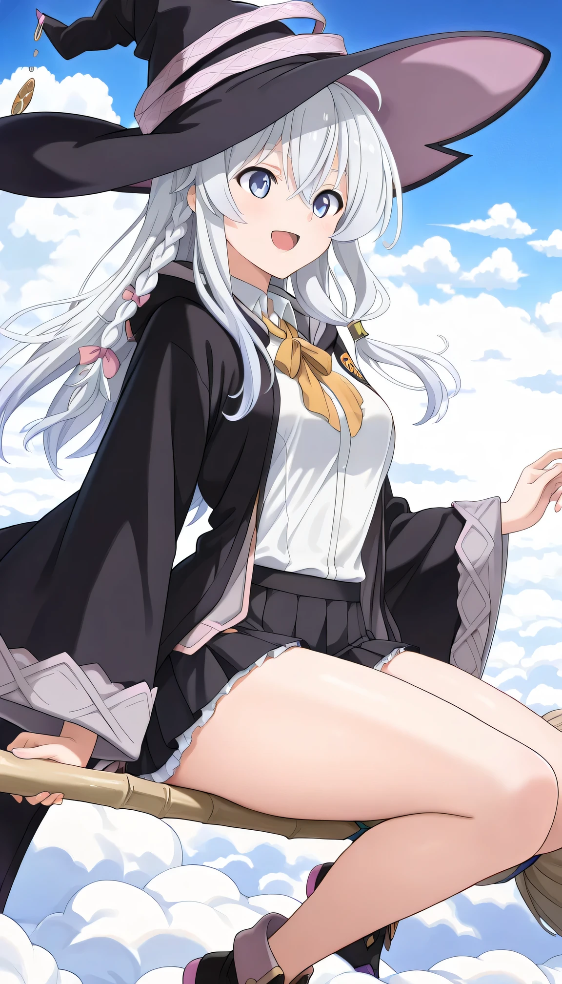 {{{masterpiece}}}, (best quality:1.5), (ultra-detailed:1.5), {illustration}, {{an extremely delicate and beautiful}}, (beautiful detailed eyes:1.6), absurdres, highres, extremely detailed face, 16k, hd, visual anime de uma jovem mulher, extremamente bonito rosto de anime, anime melhor garota, (perfect hands, perfect anatomy), (five fingers:1.1), anime face, elaina (majo no tabitabi), elaina majo no tabitabi, witch, 1girl, solo, cute face, long hair, white hair, ahoge, hair between eyes, sidelocks, pink bow, single braid, ribbon on braid, yellow hair clip, blue eyes, medium breasts, big hips, curvaceous, BREAK, witch hat, black headwear, white shirt, long shirt, (shirt tuck out:1.5), collared shirt, (wizard robe:1.3), (long robe:1.2), black robe, hooded robe, open robe, long sleeves, wide sleeves, yellow ribbon tie, brooch, black skirt, pleated skirt, (mini skirt:1.5), (white petticoat:1.2), bare legs, black footwear, witch shoes, BREAK, bamboo_broom, (broom_sidesaddle_riding:1.3), flying witch, Long handled broom, (broom riding:1.3), sidesaddle, (sitting:1.2), from side, open mouth, smiling, daytime, sky, sea of clouds, (above clouds:1.5), (bust shot:1.3)