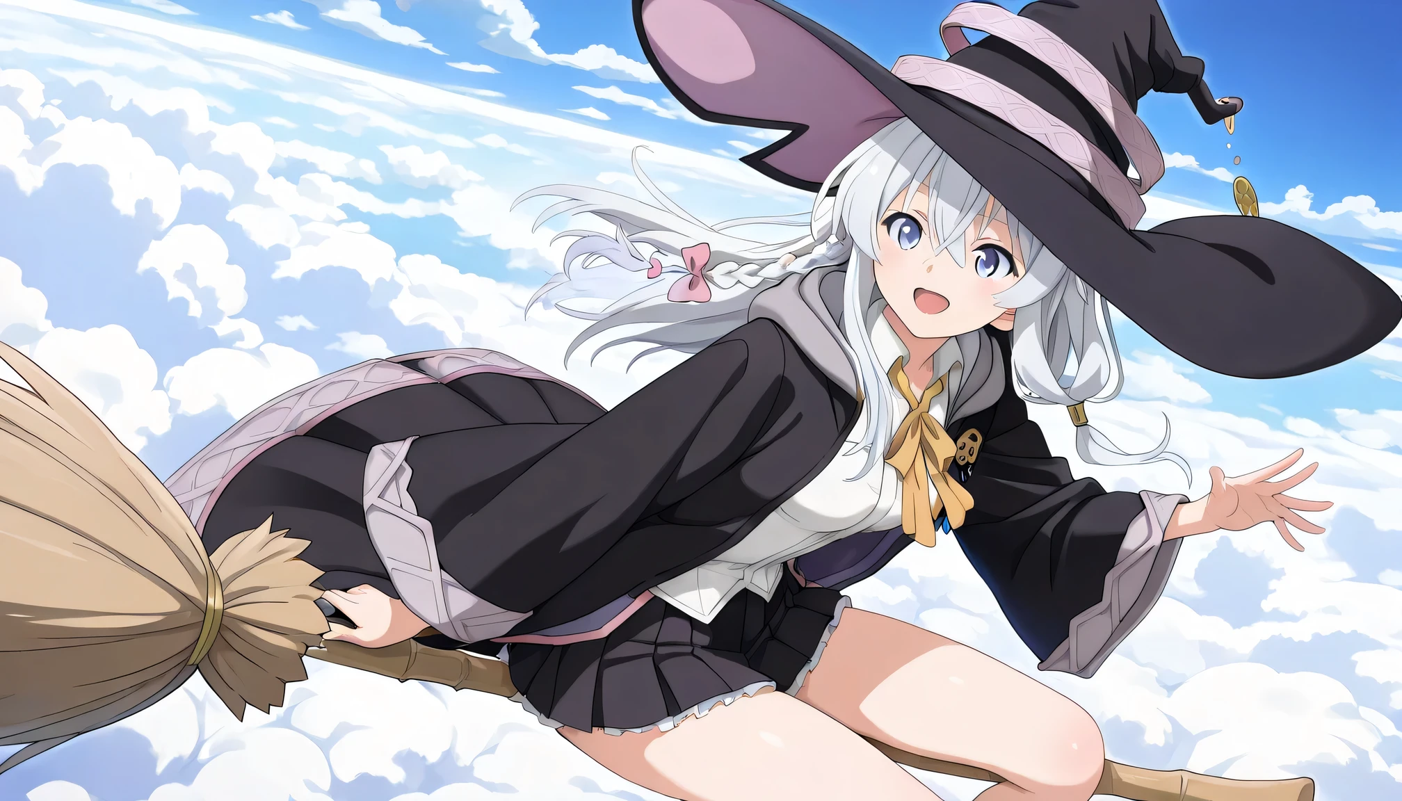 {{{masterpiece}}}, (best quality:1.5), (ultra-detailed:1.5), {illustration}, {{an extremely delicate and beautiful}}, (beautiful detailed eyes:1.6), absurdres, highres, extremely detailed face, 16k, hd, visual anime de uma jovem mulher, extremamente bonito rosto de anime, anime melhor garota, (perfect hands, perfect anatomy), (five fingers:1.1), anime face, elaina (majo no tabitabi), elaina majo no tabitabi, witch, 1girl, solo, cute face, long hair, white hair, ahoge, hair between eyes, sidelocks, pink bow, single braid, ribbon on braid, yellow hair clip, blue eyes, medium breasts, big hips, curvaceous, BREAK, witch hat, black headwear, white shirt, long shirt, (shirt tuck out:1.3), collared shirt, (wizard robe:1.3), (long robe:1.2), black robe, hooded robe, open robe, long sleeves, wide sleeves, yellow ribbon tie, brooch, black skirt, pleated skirt, (mini skirt:1.5), (white petticoat:1.2), bare legs, black footwear, witch shoes, BREAK, bamboo_broom, (broom_sidesaddle_riding:1.3), flying witch, Long handled broom, (broom riding:1.3), sidesaddle, (sitting:1.2), from side, open mouth, smiling, daytime, sky, sea of clouds, (above clouds:1.5), (bust shot:1.3)