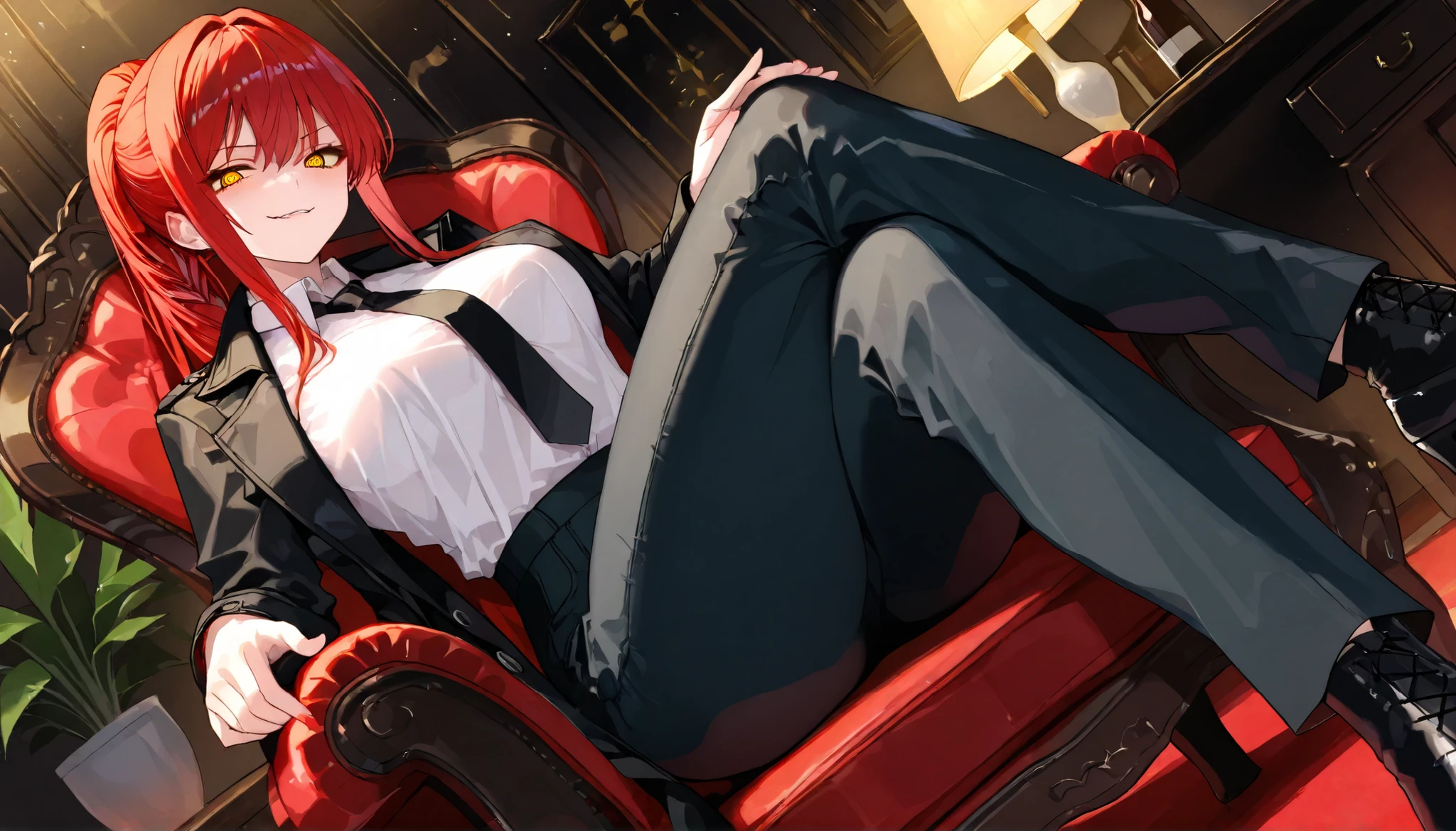yellow_eyes, ringed_eyes, red_hair, long_hair, braided_ponytail, sidelocks, large_breasts, white_shirt, collared_shirt, black_coat, black_necktie, black_pants, high-waist_pants, sexy, sitting on round chair, legs crossed, supports herself with her hands behind her on the round chair, evil smirk