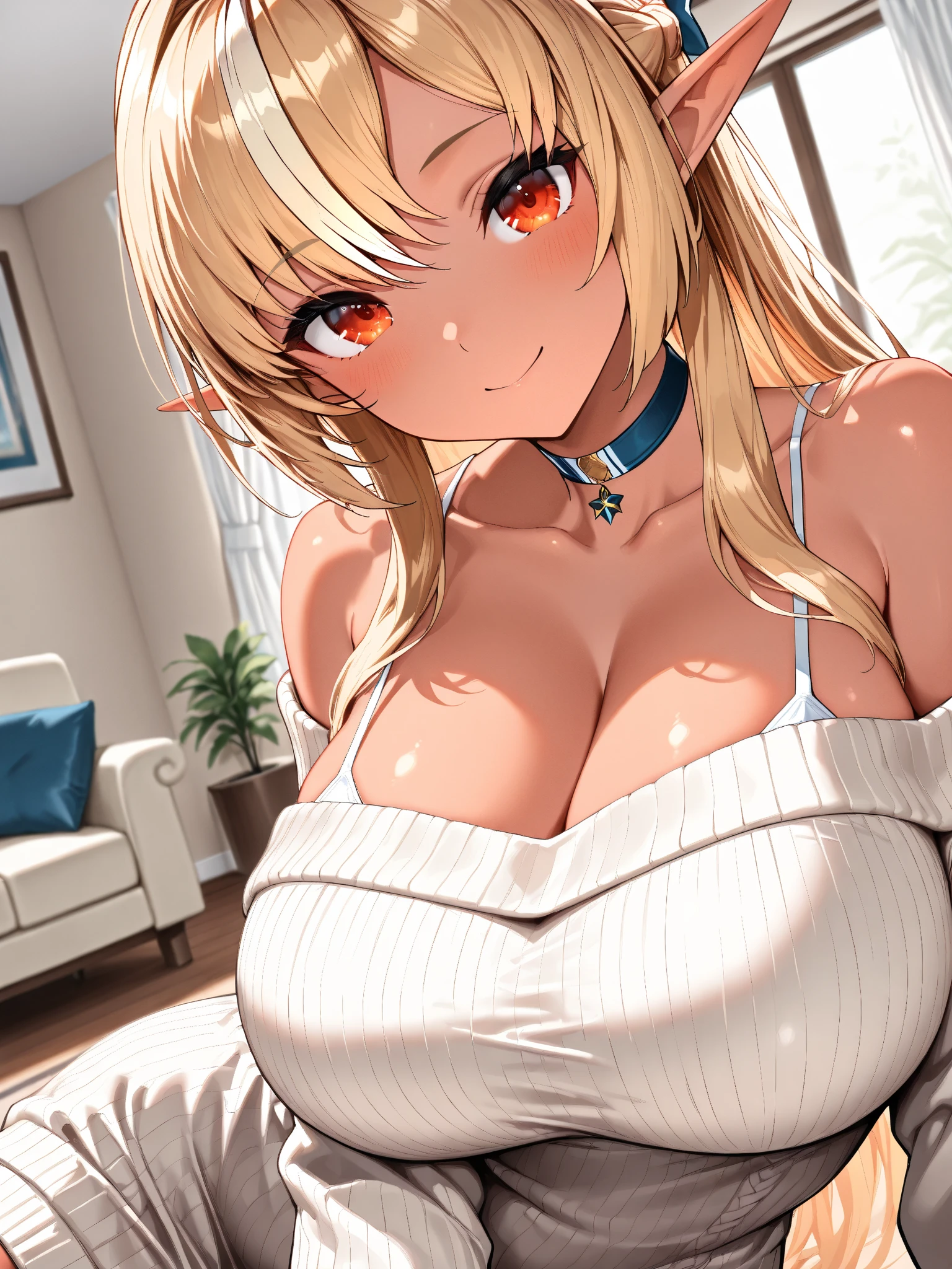 ultra-detailed, ((one girl)), in pastel colors gyaru, (heavy makeup), hyper detailed, absurdres, 8K, (tan skin:1.5), Beautiful Face, ((embarrassed:1.8)), ((ahegeo:1.5)), (ahegeo:1.3),View your viewers, ((full-face blushed:1.6)),Glossy Red Lips, ((Big Breasts:1.5)), ((showing off breast)), ((undressing)), ((show off nipple)), noon, on a bedroom, (Brighten your face), ((Anime style background)),masterpiece, Highest quality, so beautiful,Latest, Complex details, (Pink long nails), (nail art), (ring),(bracelet), (Floral Choker),AI-generated, Complex,High resolution, Highest quality, super high quality,3D Images、3D Images,One person, (Blonde long hair), (High Ponytail), (wavy hair:1.3), Pastel anime woman posing for a photo, ((Fine grain、blue eyes、glowing eyes:1.4)), (Squint your eyes:1.1),a hyperRealistic , hyperRealistic , Realistic,Long blonde anime woman, Smooth anime CG art, ((nude:1.3)), ((Nacked:1.2)),(wearing a dog collar ), Long flower hair ornament,Floral Earrings,Mature Body, tall, Tight waist,((Sit on the bed)), ((leaning forward:1.6)), ((hand between legs:1.5)), (from above), ((incoming kiss)),