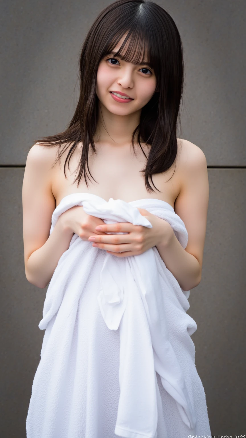 neat college girl、petite person、(((Naked white bathrobe、very small chest、flat breast、Chest without bulge、white  panties、14 years old girl、Hands behind your back、squatting、From  above)))、Outside the field、(Slimed、small tit、flat boobs、small tit)、Photorealsitic、detaileds, Skin Texture, ultra-detailliert、Delicate and sexy collarbone、A smile、Super Detailed Face、Detailed lips、A detailed eye、二重まぶた、Sitting on legs bending the knees、Squatting、White panties are visible from the skirt、sexy  pose