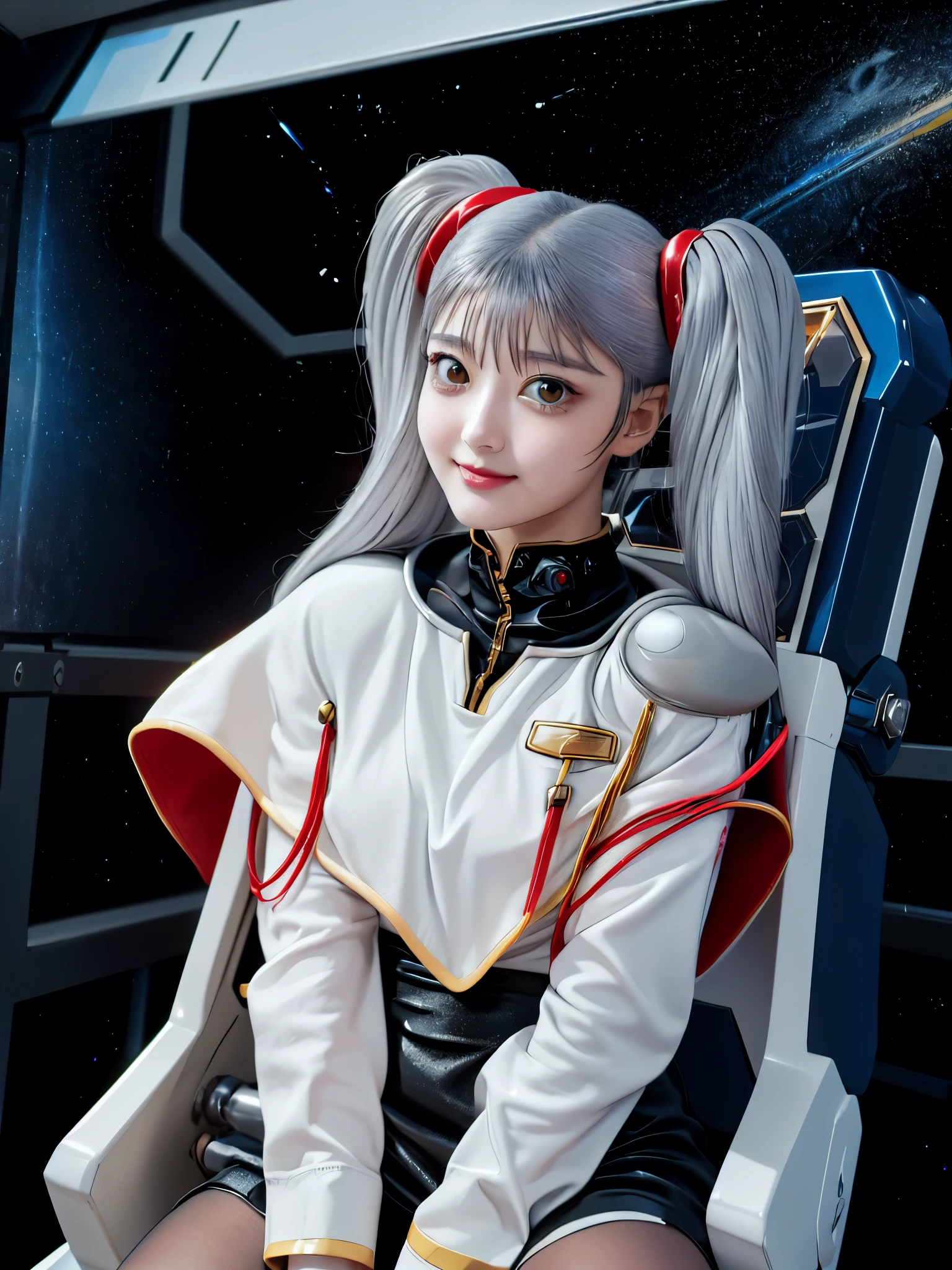 1girl, solo, 18 years old, beautiful girl, Japanese girl, (smile, Looking at camera),
from above, from side, upper body, (Straddling a chair, Spread legs:1.3, Seductive pose, sexy pose), dynamic angle,
BREAK
bbruri, {white capelet, long sleeves, white gloves, ((black mini skirt:1.2, light gray pantyhose))},
BREAK
hoshino_ruri_(nadesico), yellow eyes, (light White Purple hair:1.2, long strand between eyes:1.5, very long twintails), hair ornament,
BREAK
(((spacecraft, space, indoors, mecha))),
(masterpiece, best quality:1.4), (8k, raw photo, photo realistic:1.2), cinematic lighting, soft lighting, shiny skin, detailed skin, detailed face, detailed eyes, (textured skin, skin pores:1.1),
pale skin, fair skin, photo of perfecteyes eyes, perfecteyes eyes,