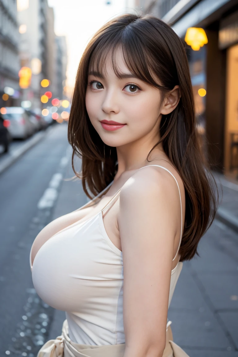 1girll, A smile, (gigantic cleavage breasts：4.0), (((Bokeh))),depth of fields, cute  face, Gaze towards the viewer, tmasterpiece, model shoot tyle, nedium breasts, Full body portrait, sexyposture, ((8K 、RAW photos、top-quality、tmasterpiece)、High Detail RAW Color Photo Professional Photo、(hentail realism、Photorealism:1.37)、(top-quality)、(Best shadows)、(The best illustrations)、 8k wallpaper、physically-based renderingt、Cinematic lighting)、