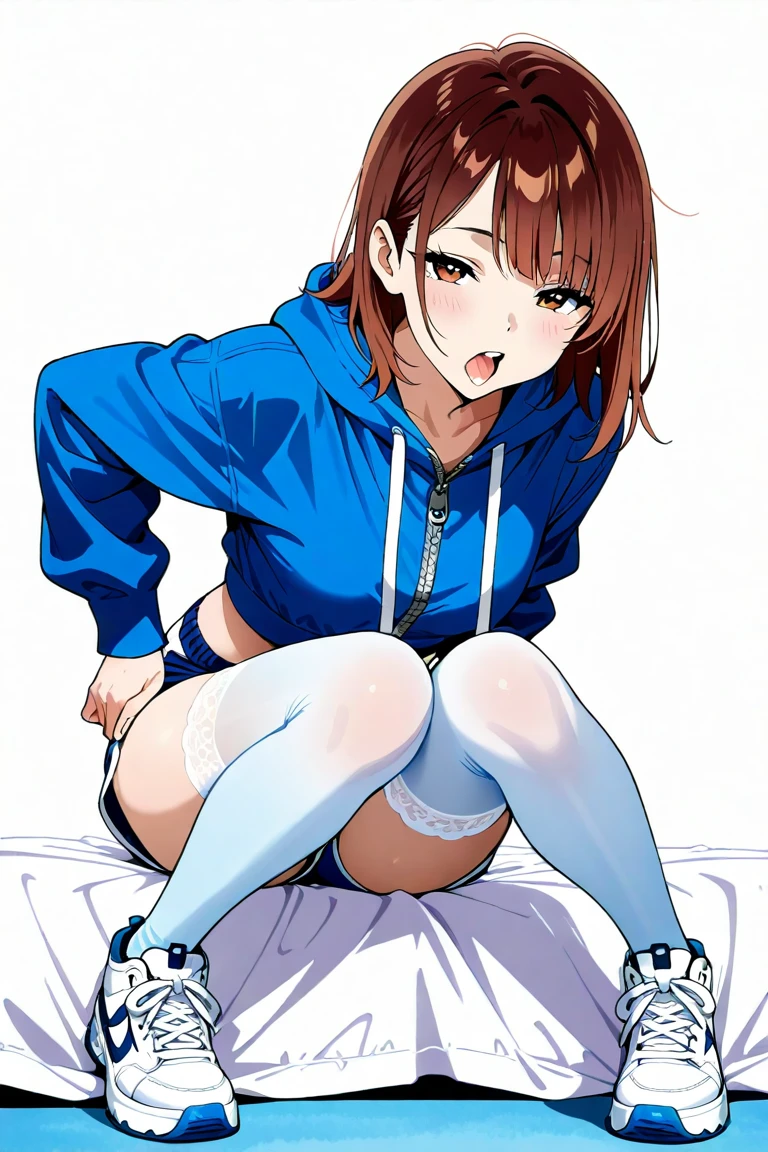 tennis girl's massive panty out of bottomless spaghetti strap tank top out bare and wet boots spreading her legs, gloved hands hidden behind head, blindfold
