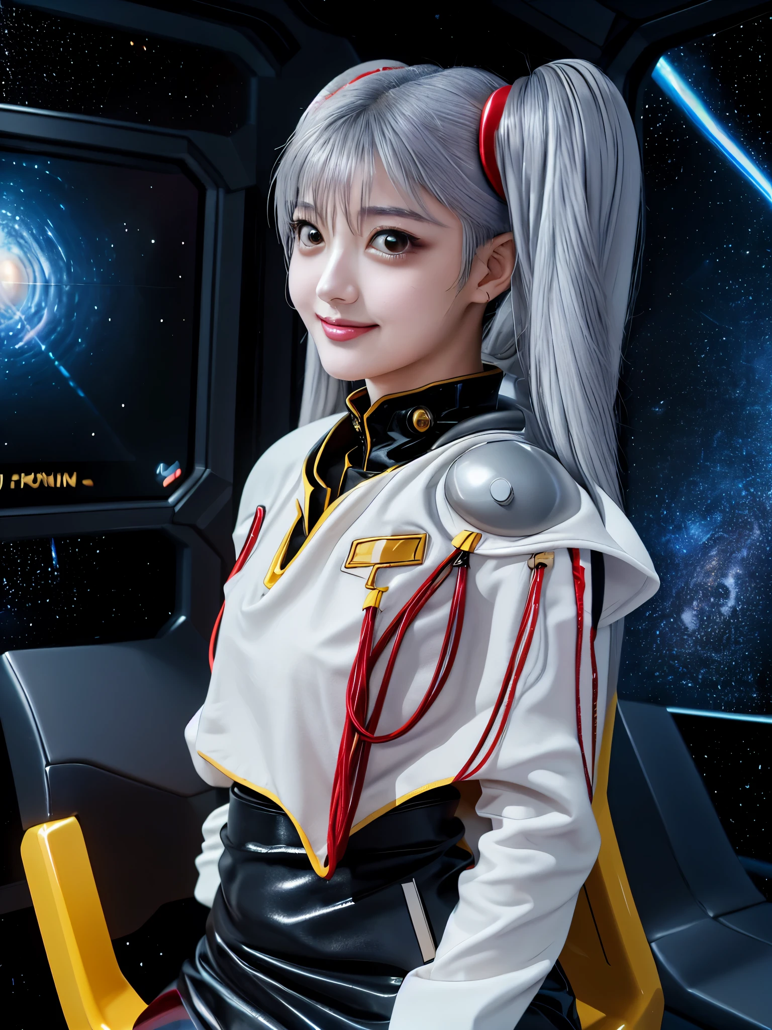 1girl, solo, 18 years old, beautiful girl, Japanese girl, (smile, Looking at camera), 
from above, from side, upper body, (Straddling a chair, Spread legs:1.3, Seductive pose, sexy pose), dynamic angle,
BREAK
bbruri, {white capelet, long sleeves, white gloves, ((black mini skirt:1.2, light gray pantyhose))},
BREAK
hoshino_ruri_(nadesico),  yellow eyes, (light White Purple hair:1.2, long strand between eyes:1.5, very long twintails), hair ornament, 
BREAK
(((spacecraft, space, indoors, mecha))),
(masterpiece, best quality:1.4), (8k, raw photo, photo realistic:1.2), cinematic lighting, soft lighting, shiny skin, detailed skin, detailed face, detailed eyes, (textured skin, skin pores:1.1),
pale skin, fair skin, photo of perfecteyes eyes, perfecteyes eyes,