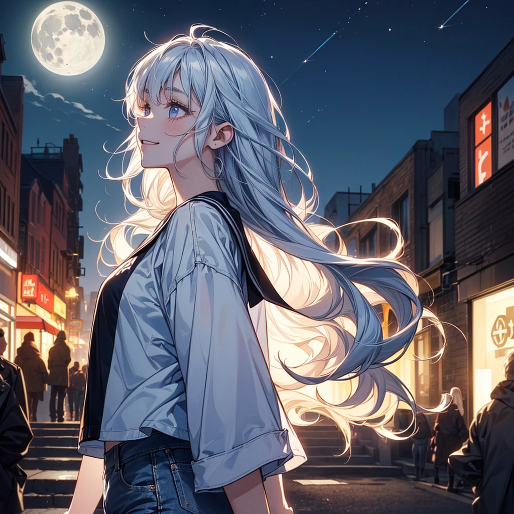 An anime girl with a katana stands on the edge of a tall rooftop, overlooking a sprawling city illuminated by neon lights. The full moon casts a silvery glow on her determined face, and her dark cloak billows in the night breeze. Below, the city buzzes with life, unaware of the imminent clash about to unfold above.